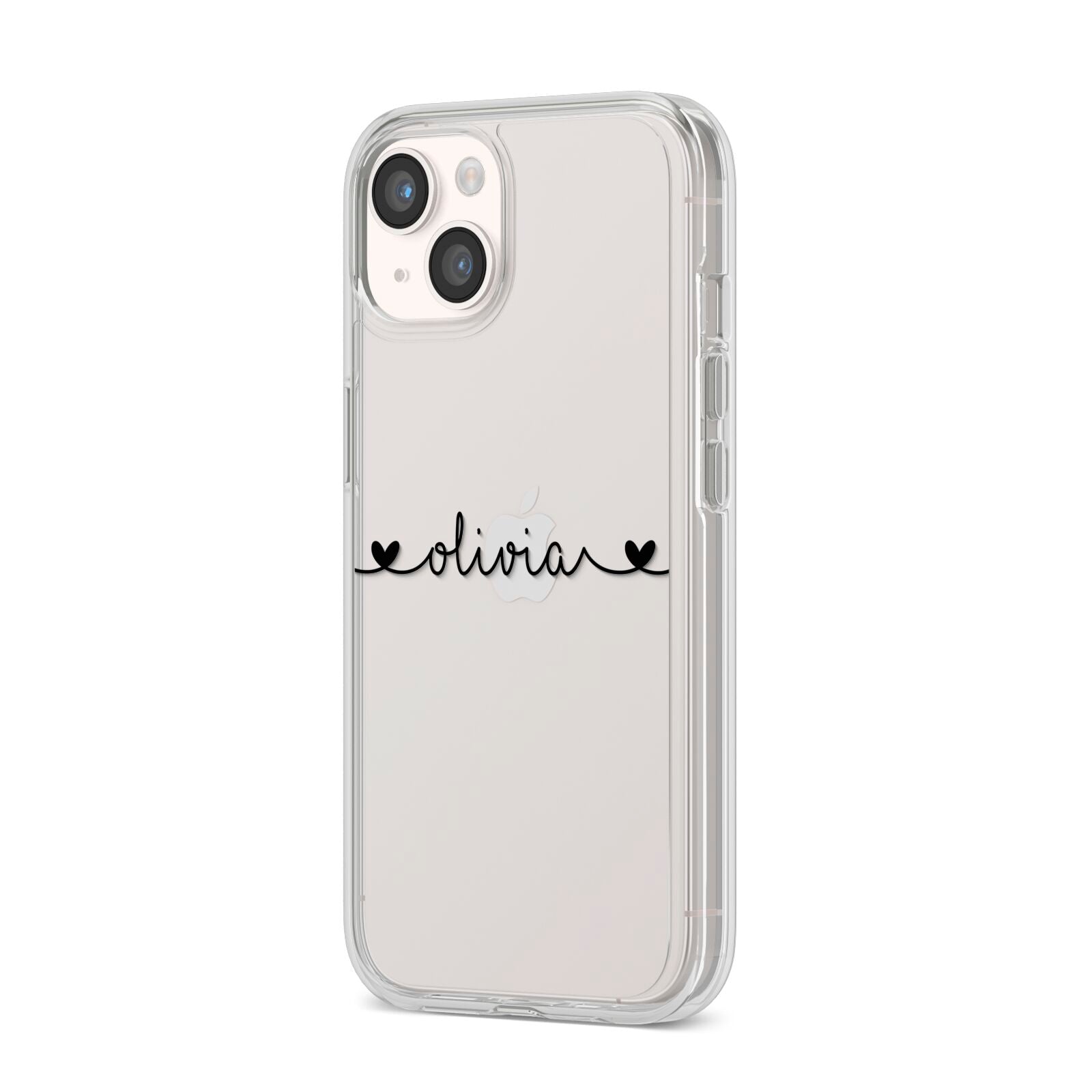 Personalised Black Handwritten Name Hearts Clear iPhone 14 Clear Tough Case Starlight Angled Image