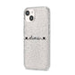 Personalised Black Handwritten Name Hearts Clear iPhone 14 Glitter Tough Case Starlight Angled Image
