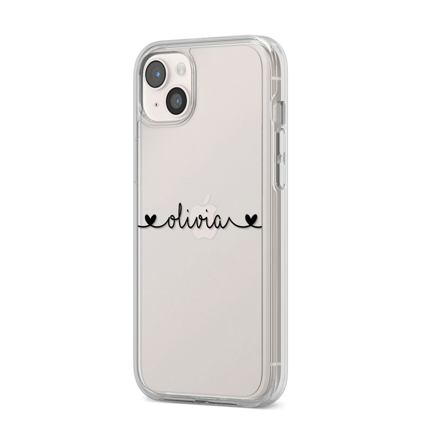 Personalised Black Handwritten Name Hearts Clear iPhone 14 Plus Clear Tough Case Starlight Angled Image