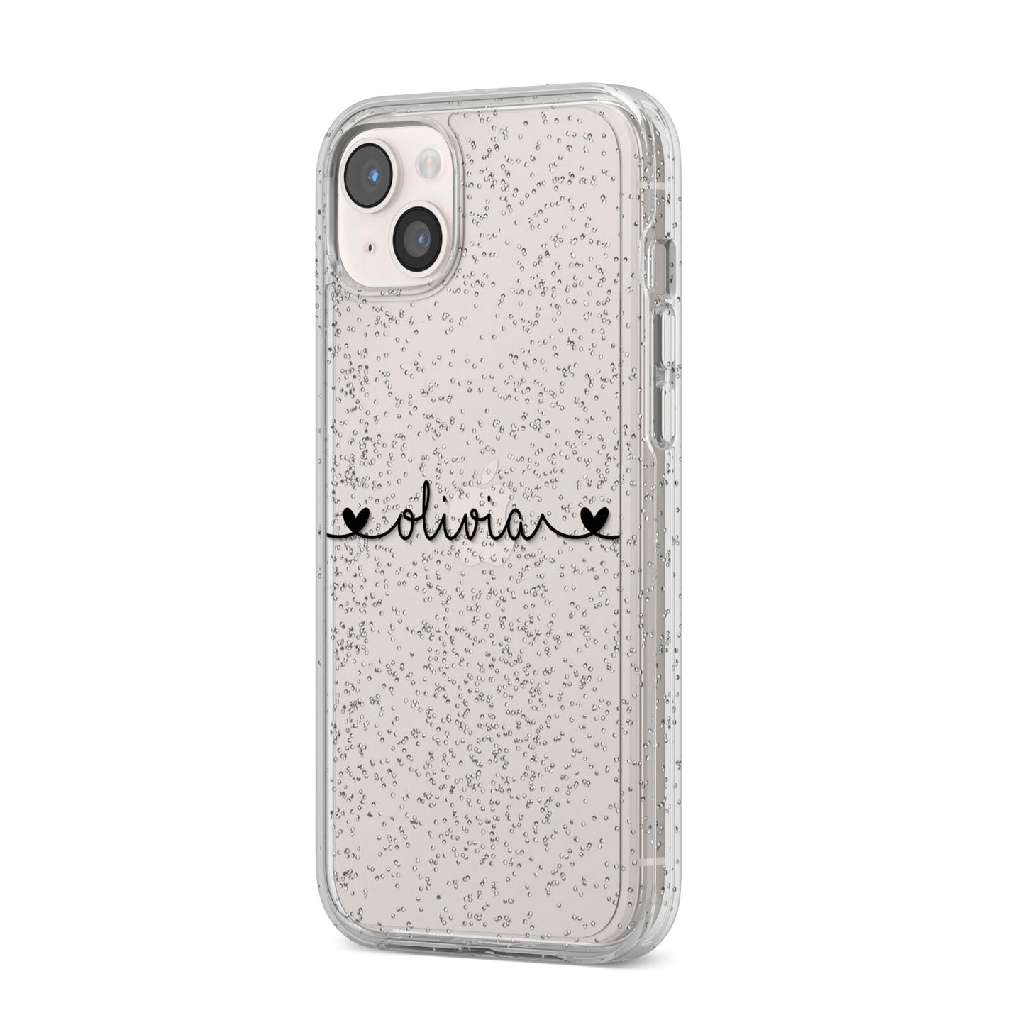 Personalised Black Handwritten Name Hearts Clear iPhone 14 Plus Glitter Tough Case Starlight Angled Image