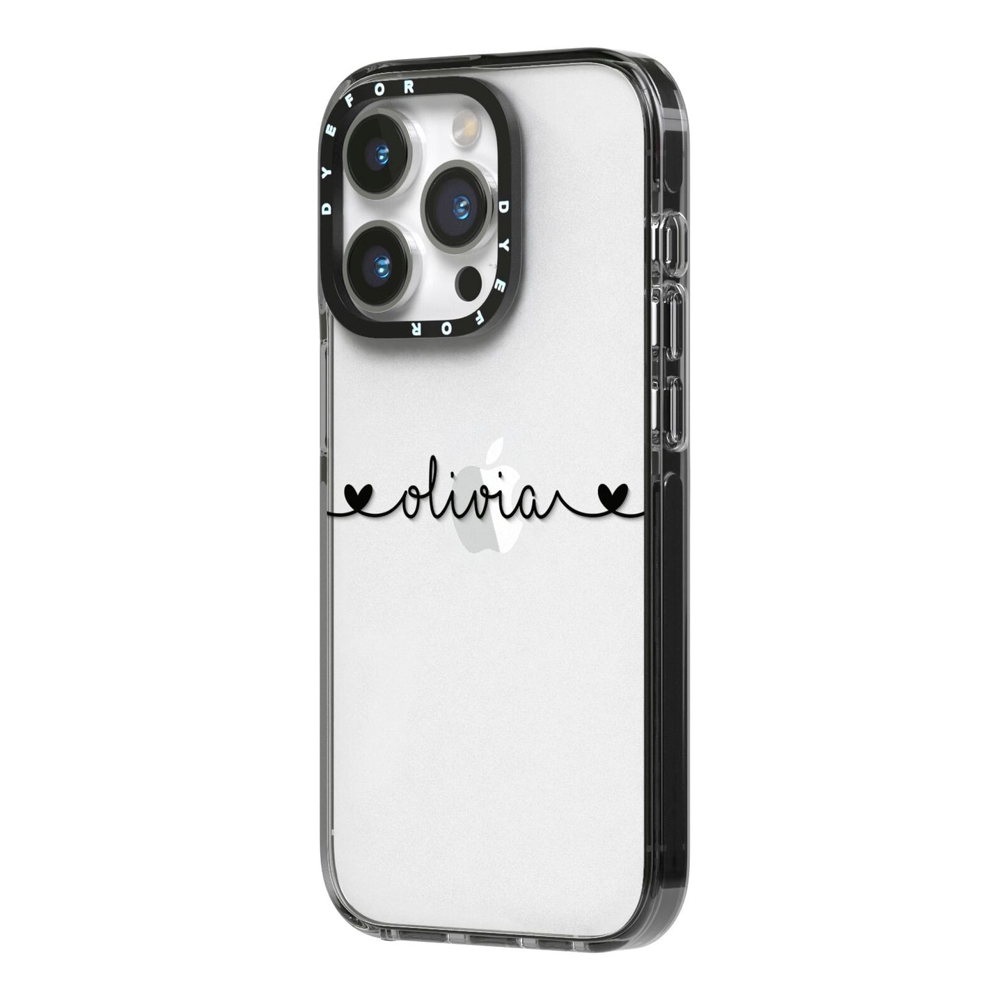 Personalised Black Handwritten Name Hearts Clear iPhone 14 Pro Black Impact Case Side Angle on Silver phone