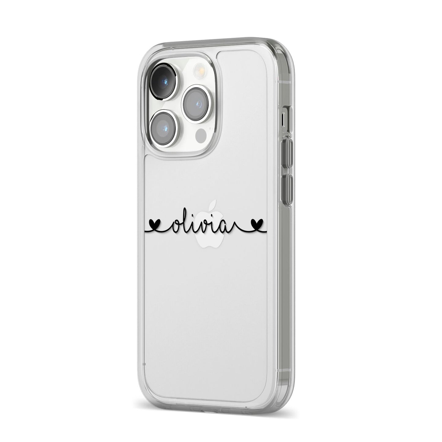 Personalised Black Handwritten Name Hearts Clear iPhone 14 Pro Clear Tough Case Silver Angled Image