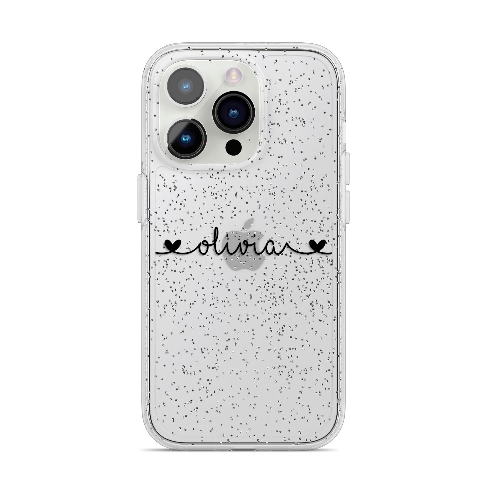Personalised Black Handwritten Name Hearts Clear iPhone 14 Pro Glitter Tough Case Silver