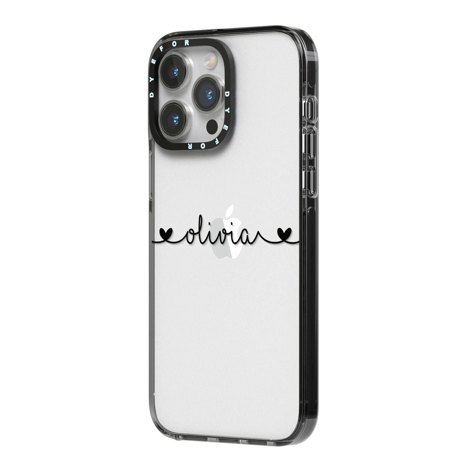 Personalised Black Handwritten Name Hearts Clear iPhone 14 Pro Max Black Impact Case Side Angle on Silver phone