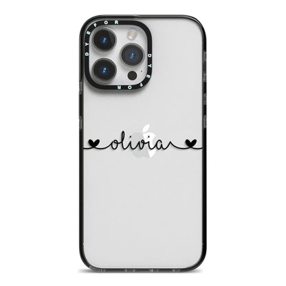 Personalised Black Handwritten Name Hearts Clear iPhone 14 Pro Max Black Impact Case on Silver phone