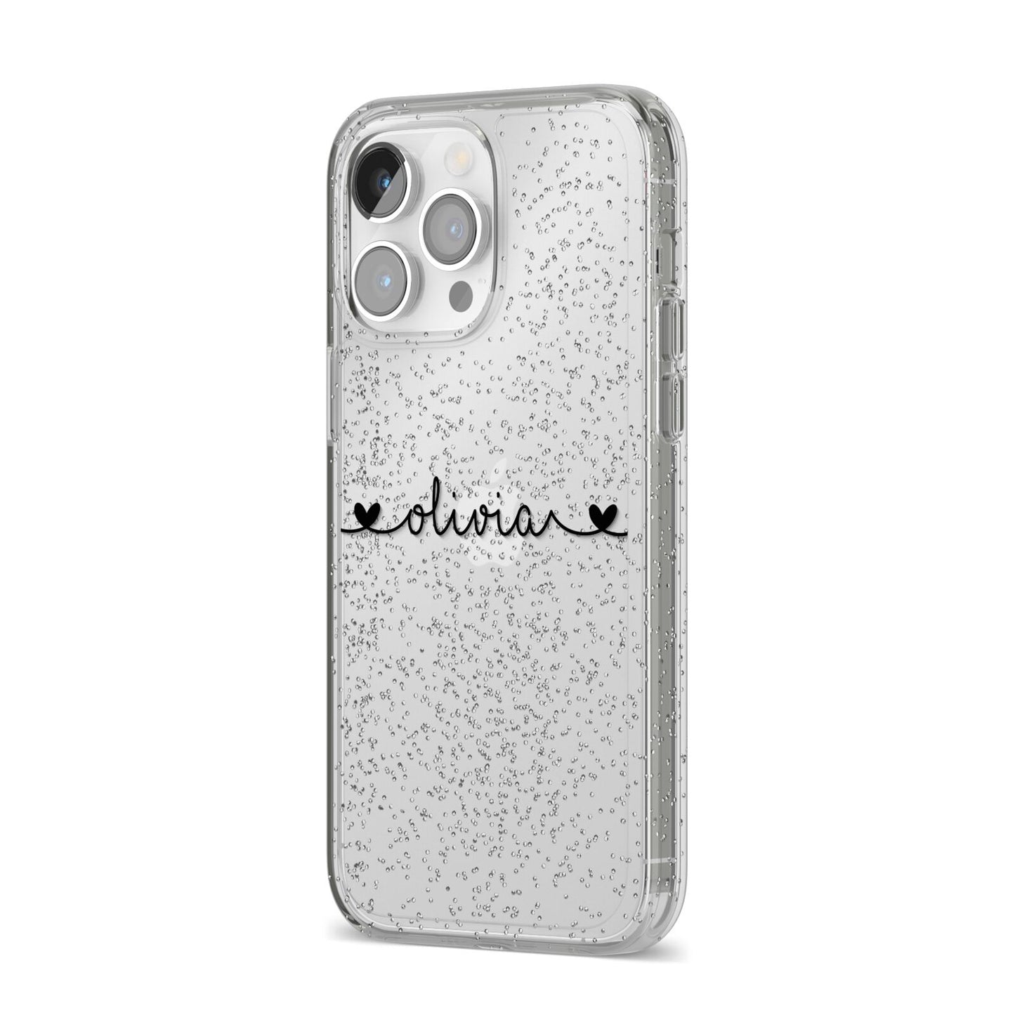 Personalised Black Handwritten Name Hearts Clear iPhone 14 Pro Max Glitter Tough Case Silver Angled Image