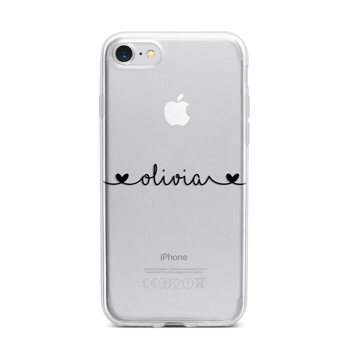Personalised Black Handwritten Name Hearts Clear iPhone 7 Bumper Case on Silver iPhone