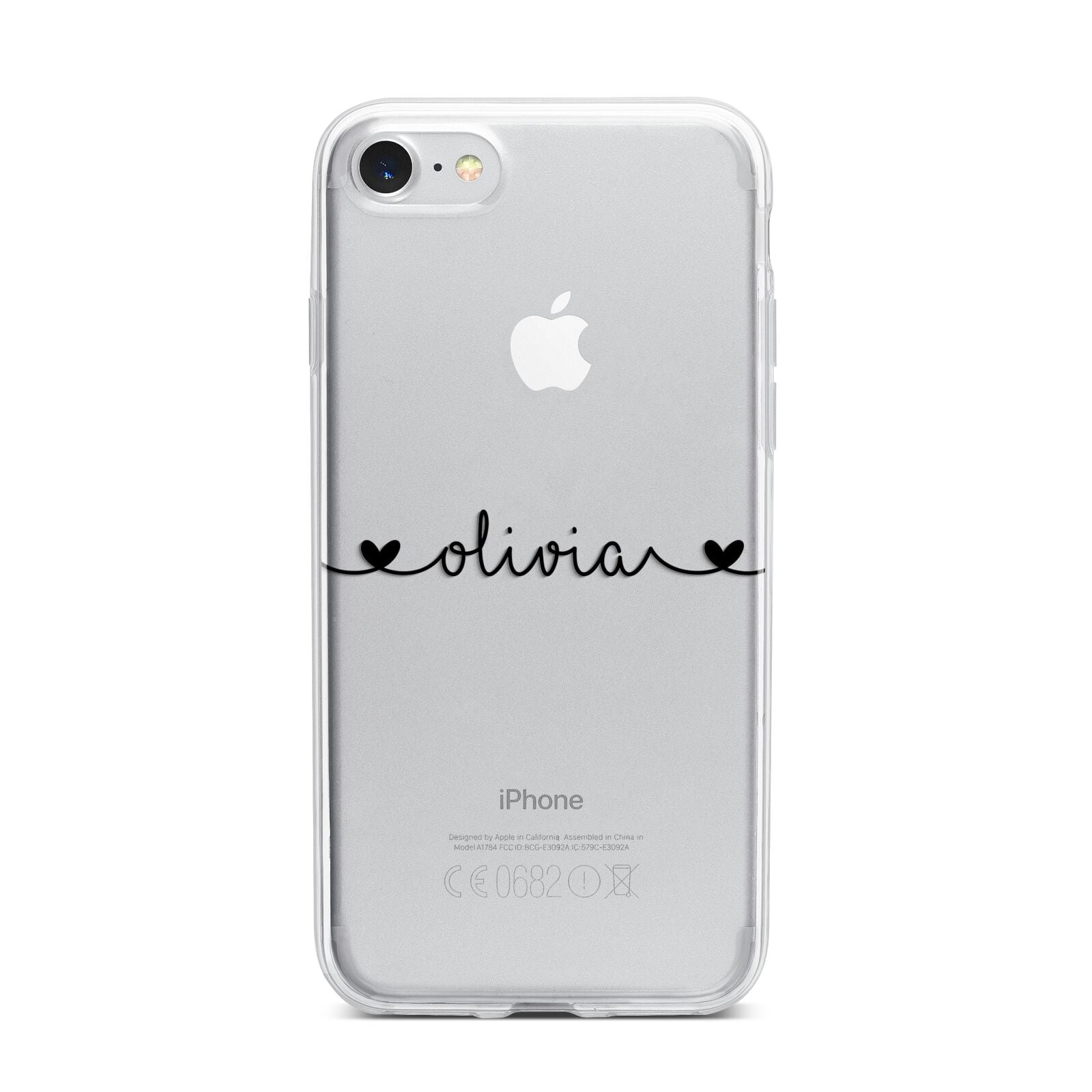 Personalised Black Handwritten Name Hearts Clear iPhone 7 Bumper Case on Silver iPhone