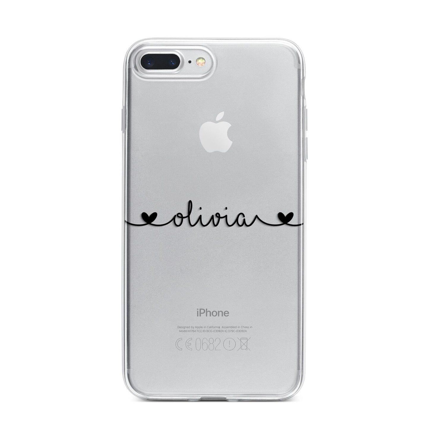 Personalised Black Handwritten Name Hearts Clear iPhone 7 Plus Bumper Case on Silver iPhone