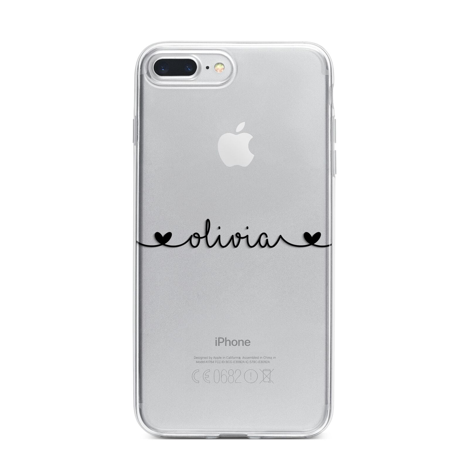 Personalised Black Handwritten Name Hearts Clear iPhone 7 Plus Bumper Case on Silver iPhone