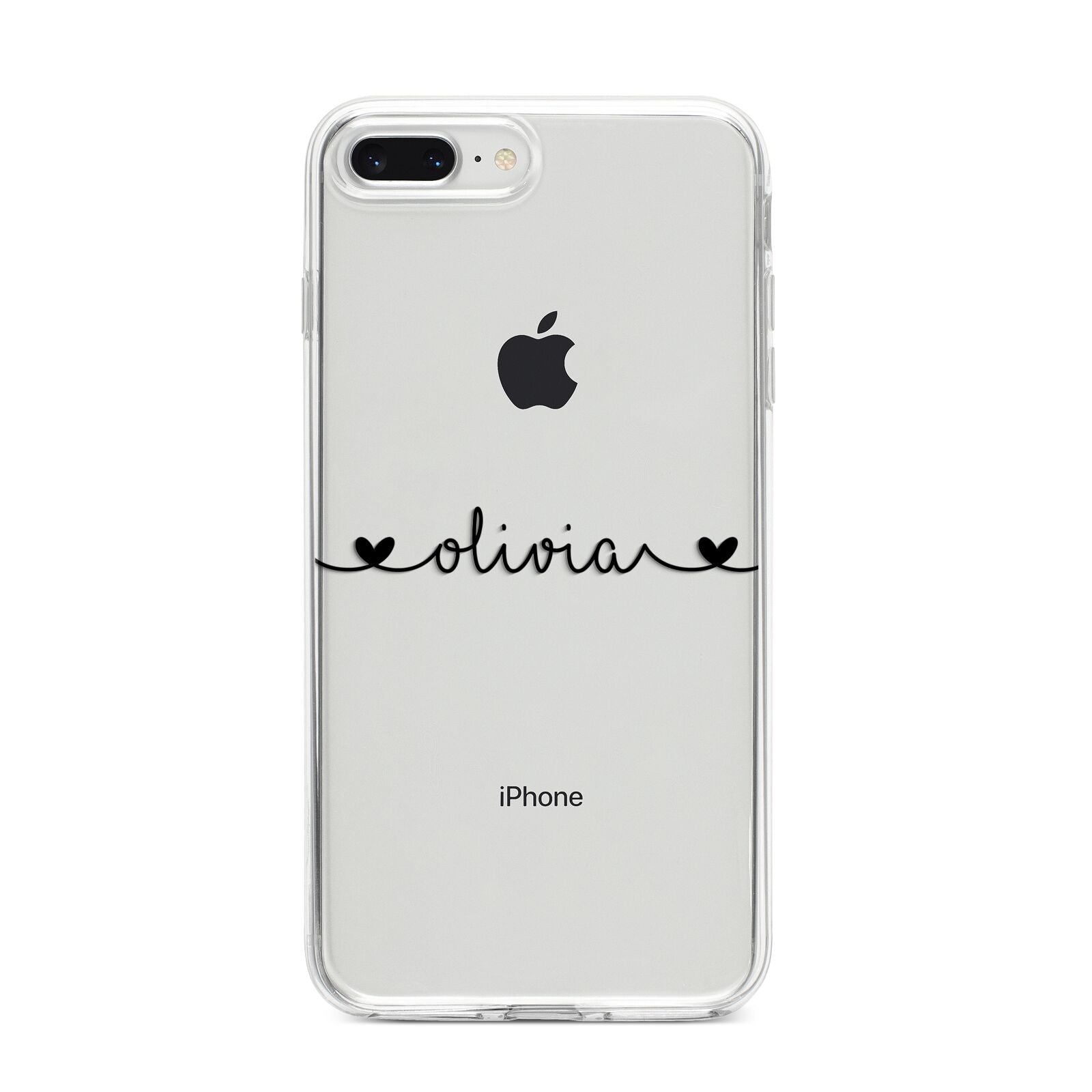 Personalised Black Handwritten Name Hearts Clear iPhone 8 Plus Bumper Case on Silver iPhone