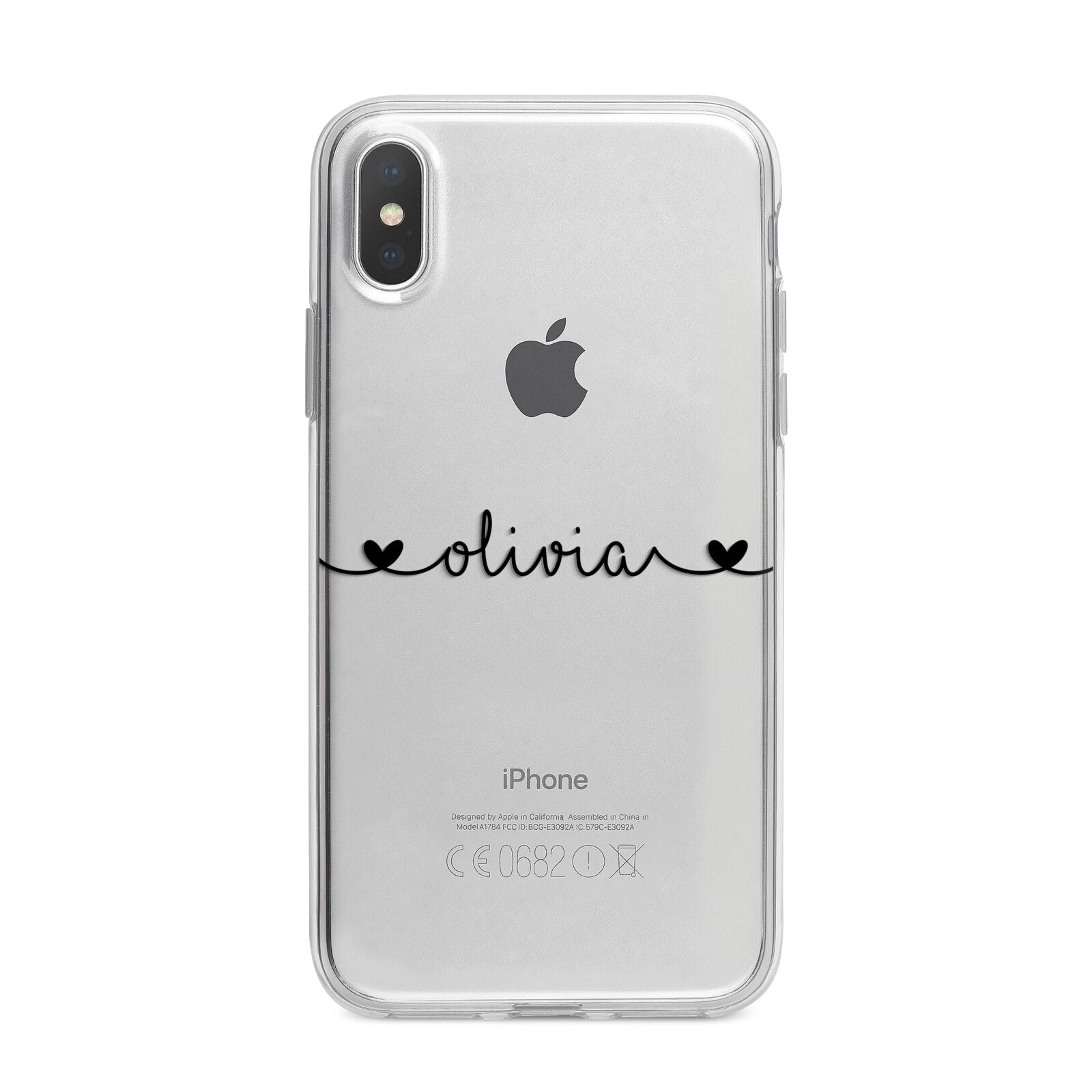 Personalised Black Handwritten Name Hearts Clear iPhone X Bumper Case on Silver iPhone Alternative Image 1