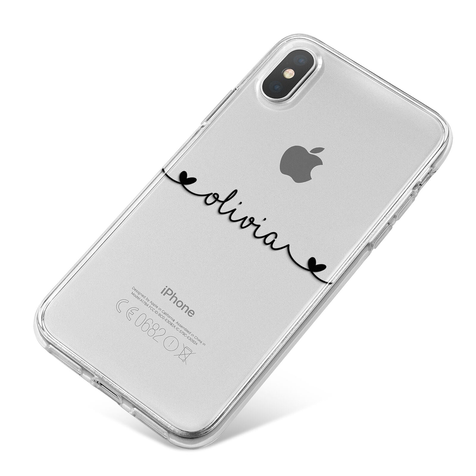 Personalised Black Handwritten Name Hearts Clear iPhone X Bumper Case on Silver iPhone