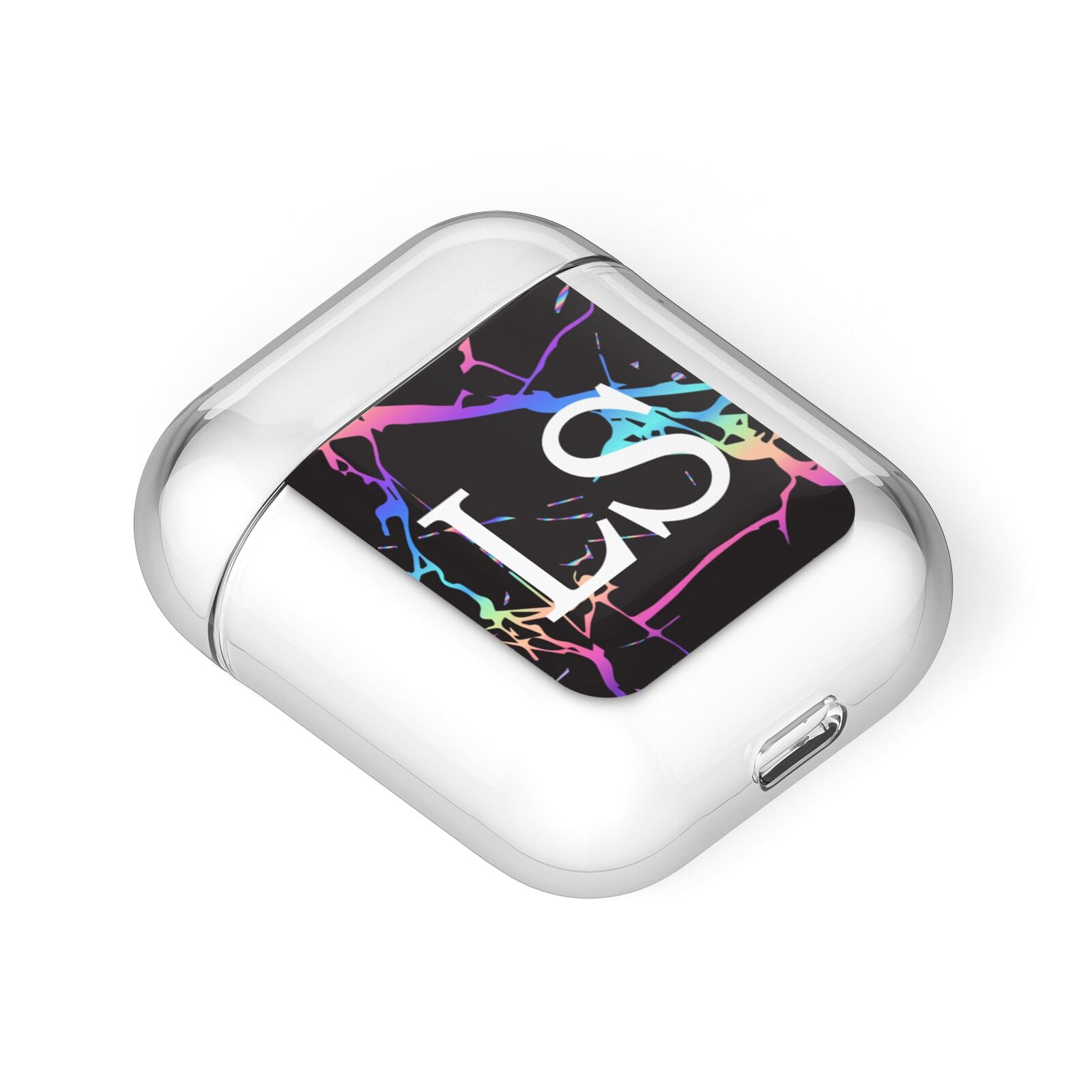 Personalised Black Holographic Marble Initials AirPods Case Laid Flat