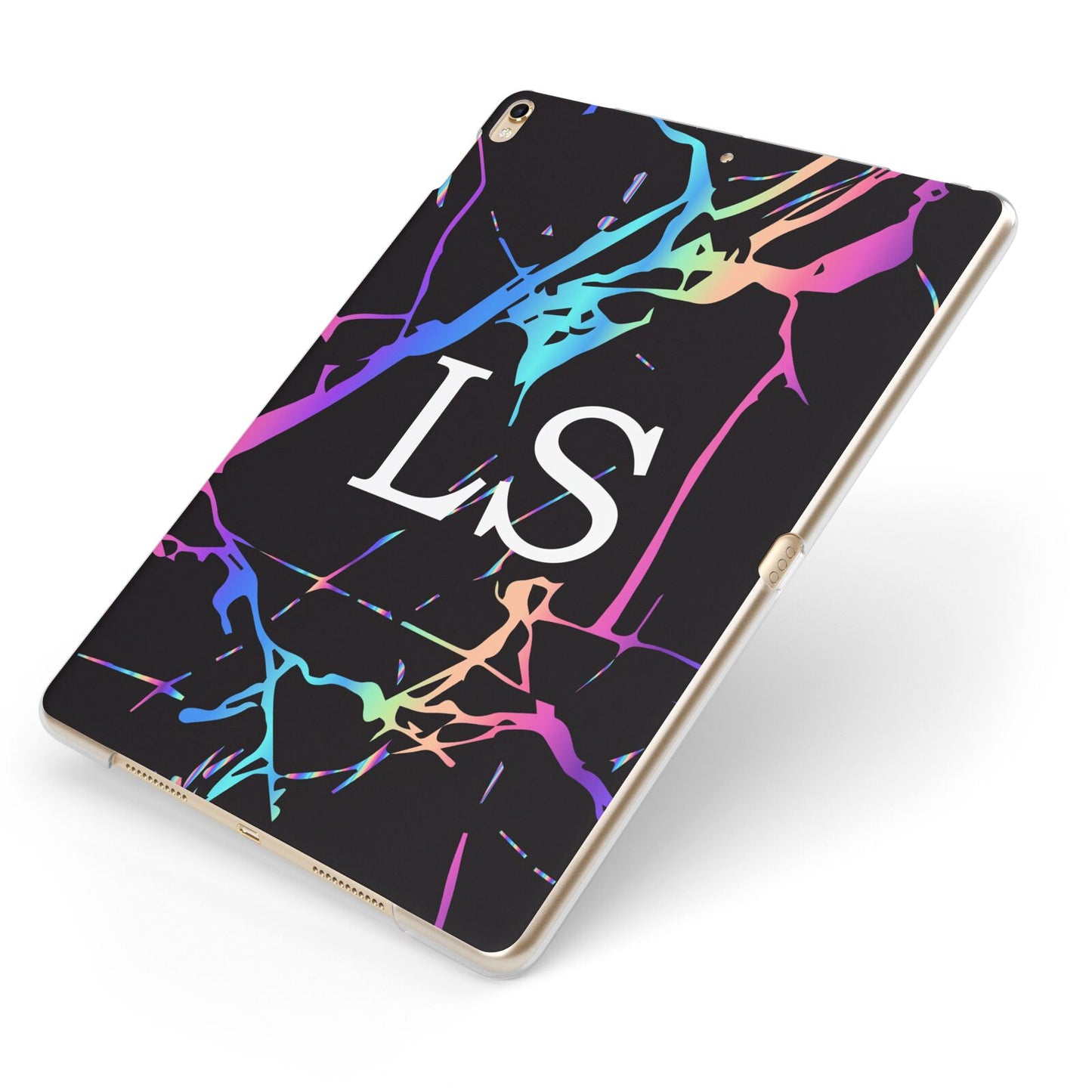Personalised Black Holographic Marble Initials Apple iPad Case on Gold iPad Side View