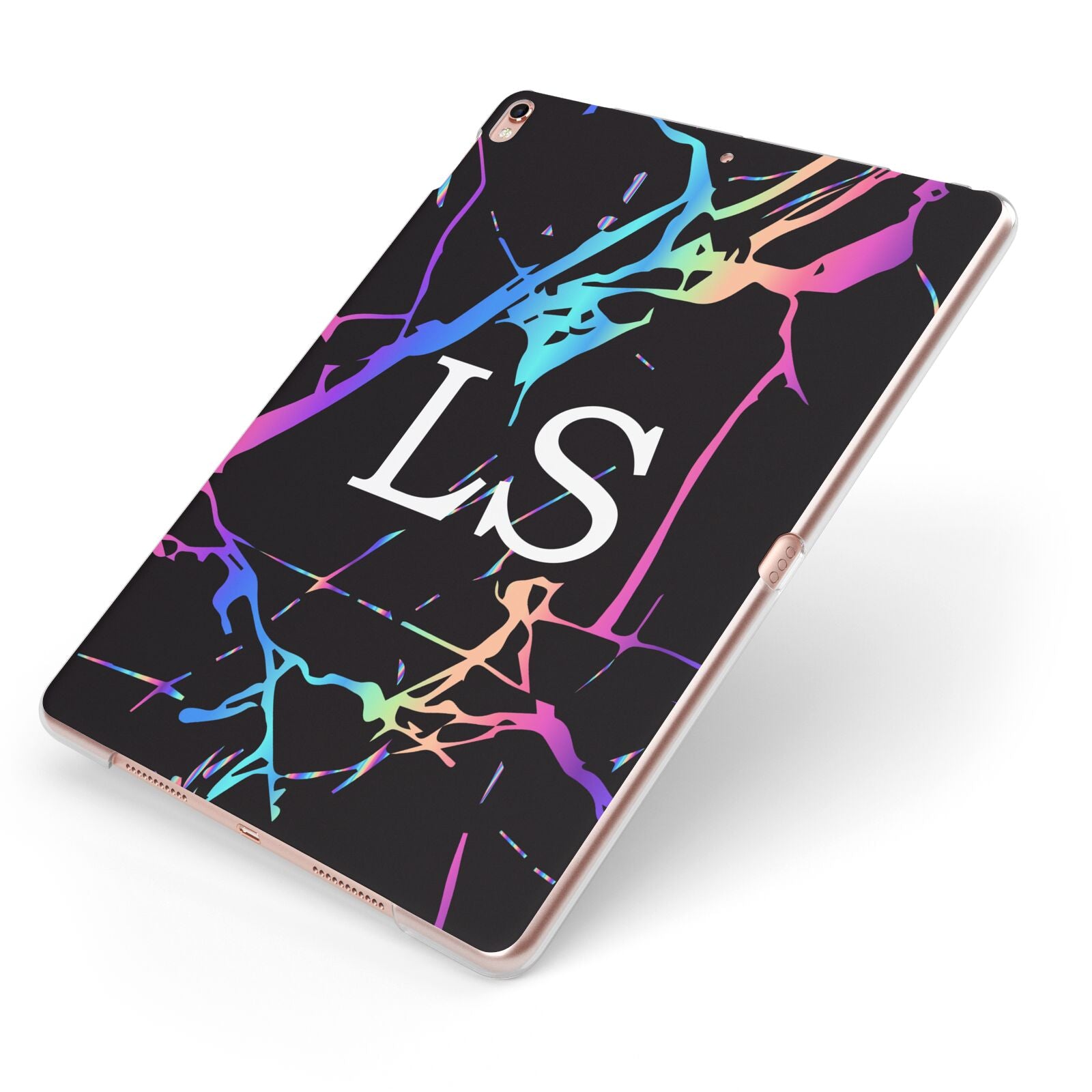 Personalised Black Holographic Marble Initials Apple iPad Case on Rose Gold iPad Side View