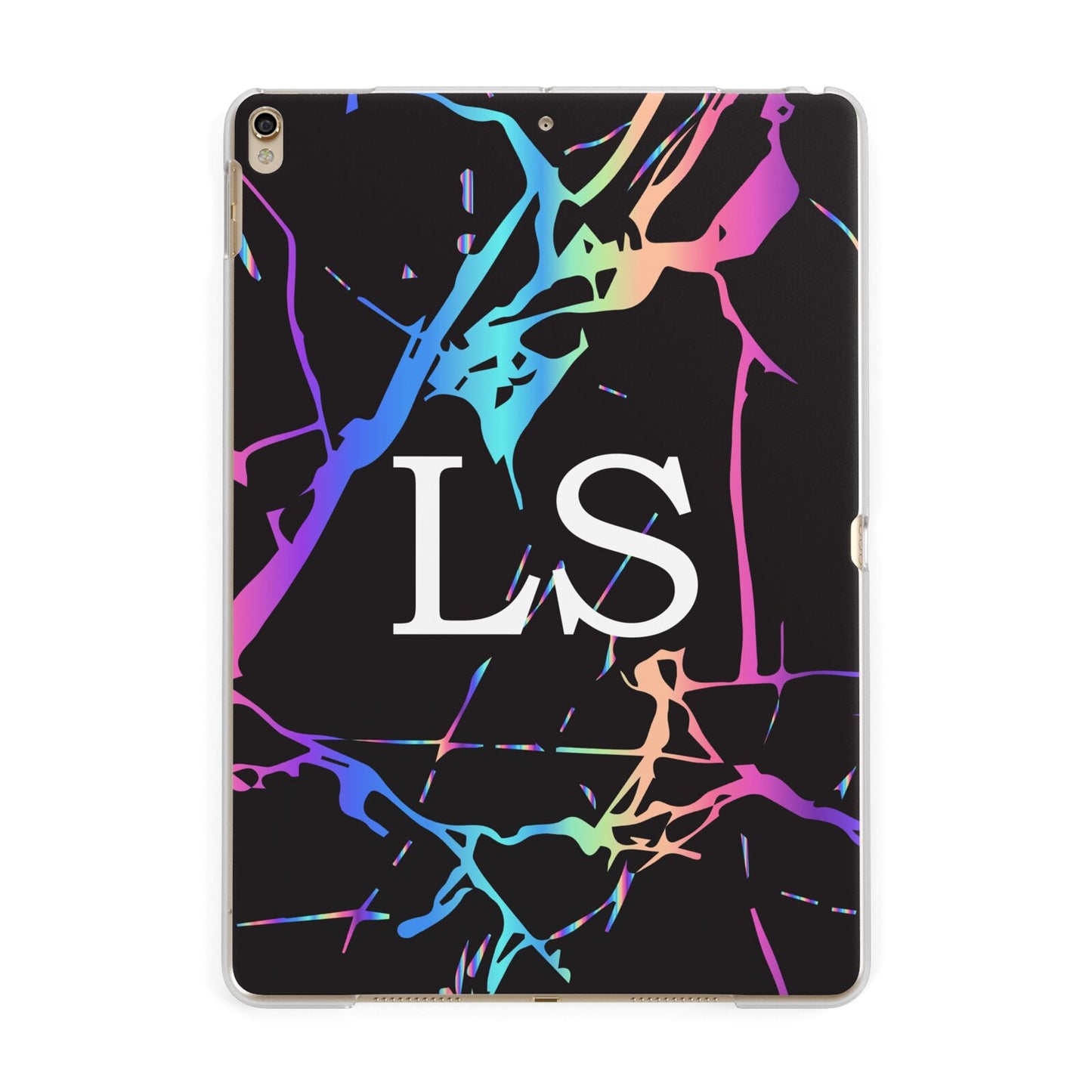 Personalised Black Holographic Marble Initials Apple iPad Gold Case
