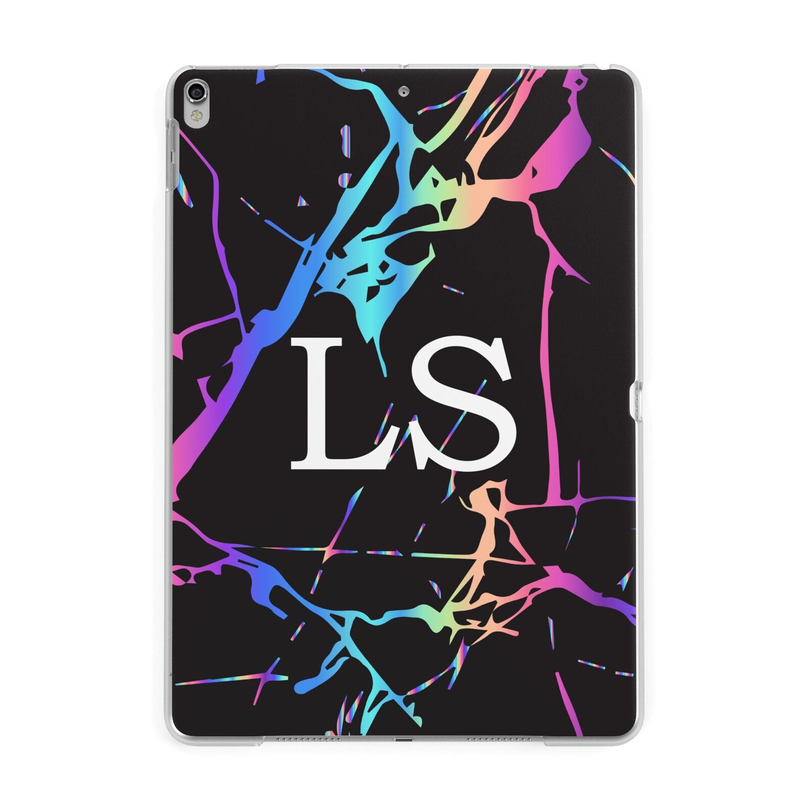 Personalised Black Holographic Marble Initials Apple iPad Silver Case