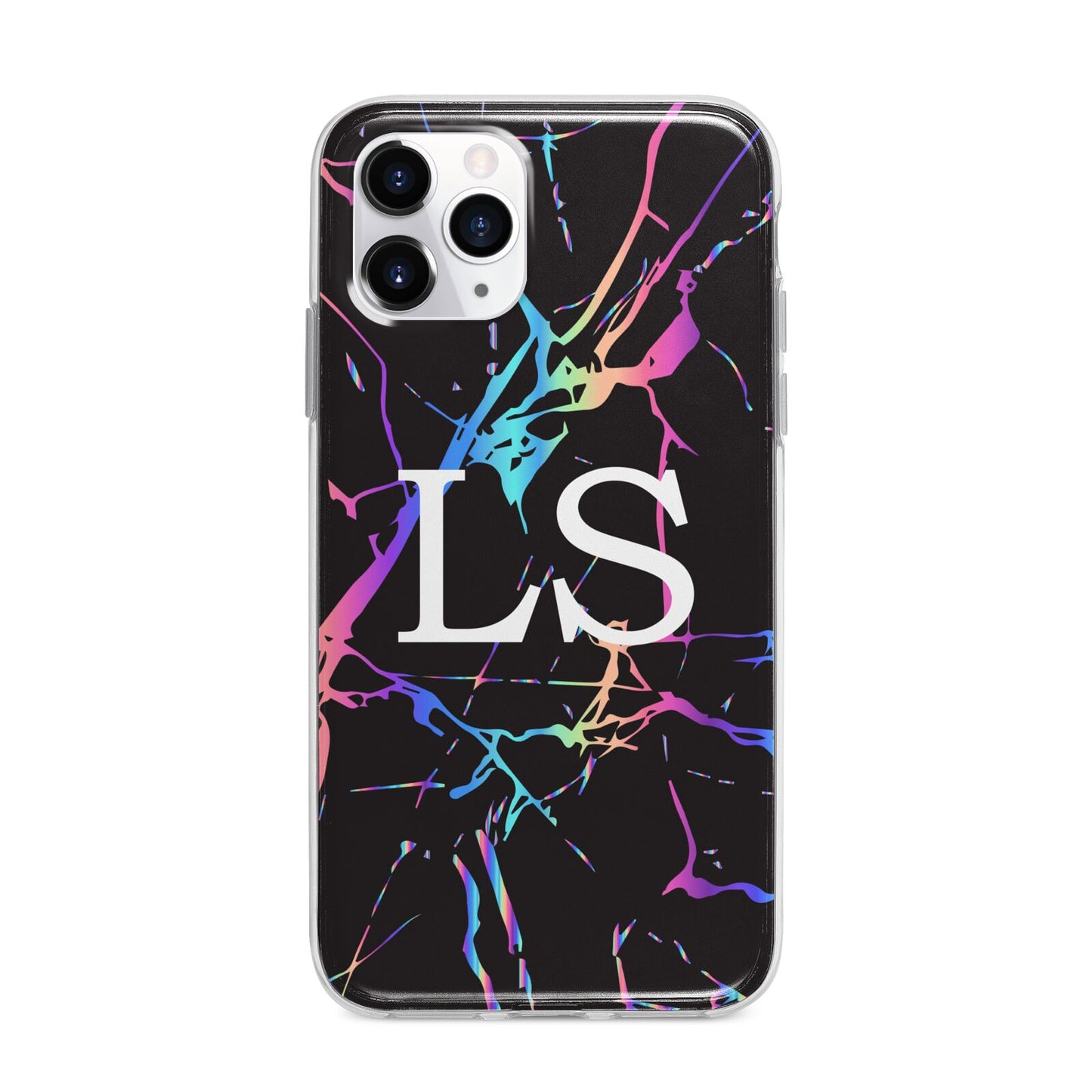 Personalised Black Holographic Marble Initials Apple iPhone 11 Pro Max in Silver with Bumper Case