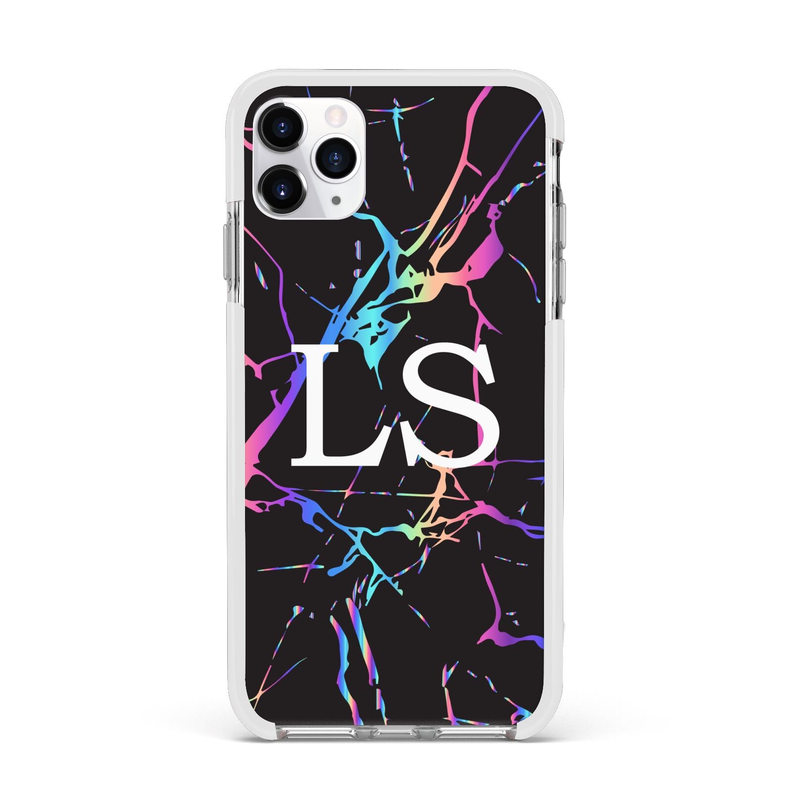 Personalised Black Holographic Marble Initials Apple iPhone 11 Pro Max in Silver with White Impact Case