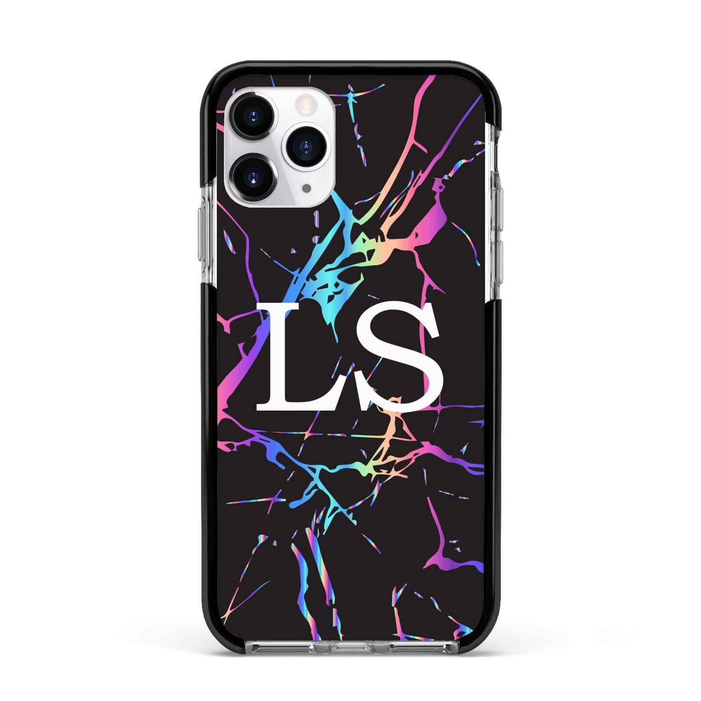 Personalised Black Holographic Marble Initials Apple iPhone 11 Pro in Silver with Black Impact Case
