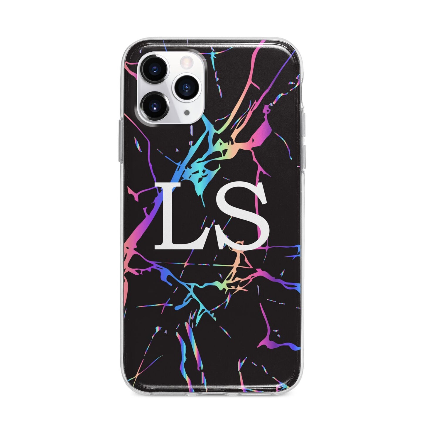 Personalised Black Holographic Marble Initials Apple iPhone 11 Pro in Silver with Bumper Case