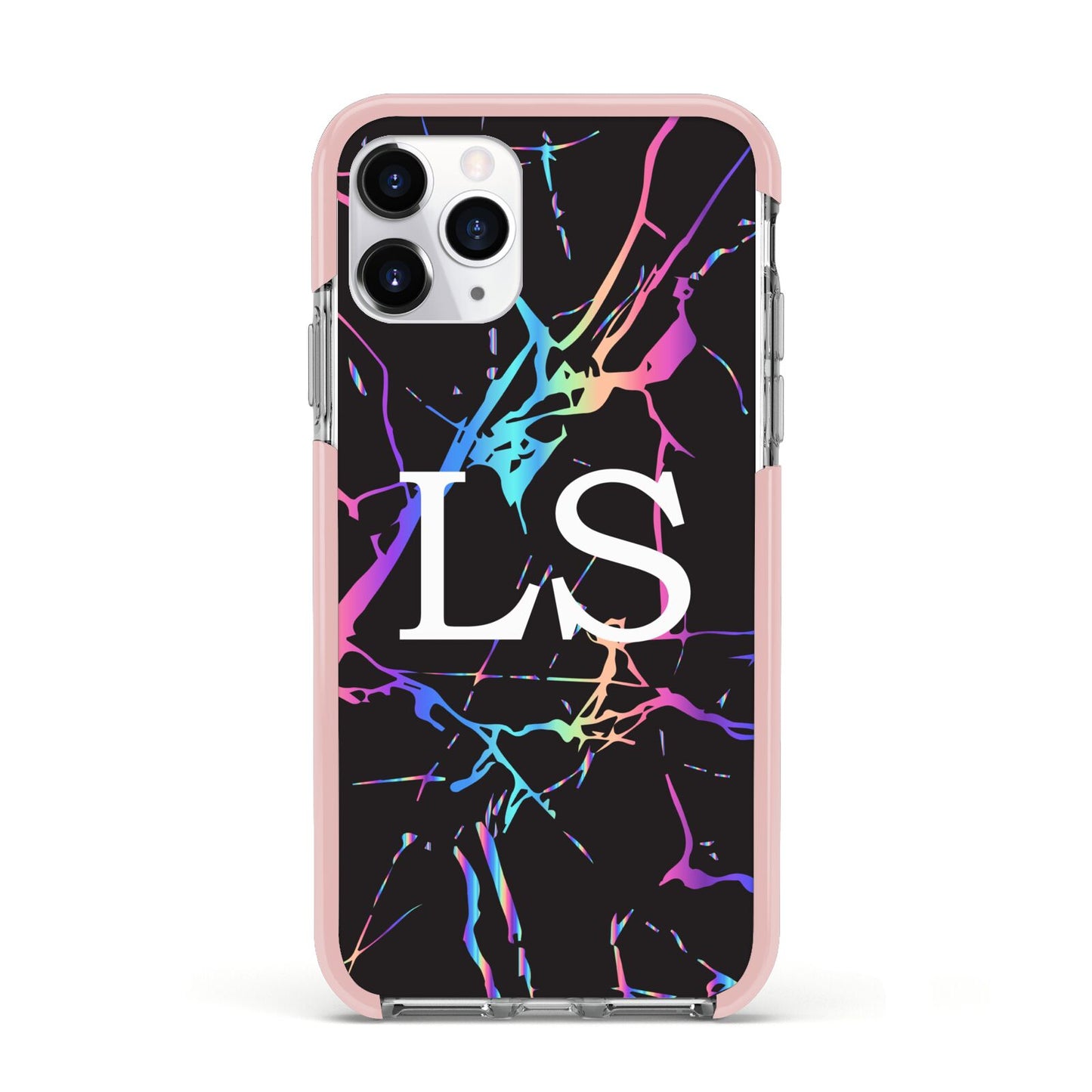 Personalised Black Holographic Marble Initials Apple iPhone 11 Pro in Silver with Pink Impact Case