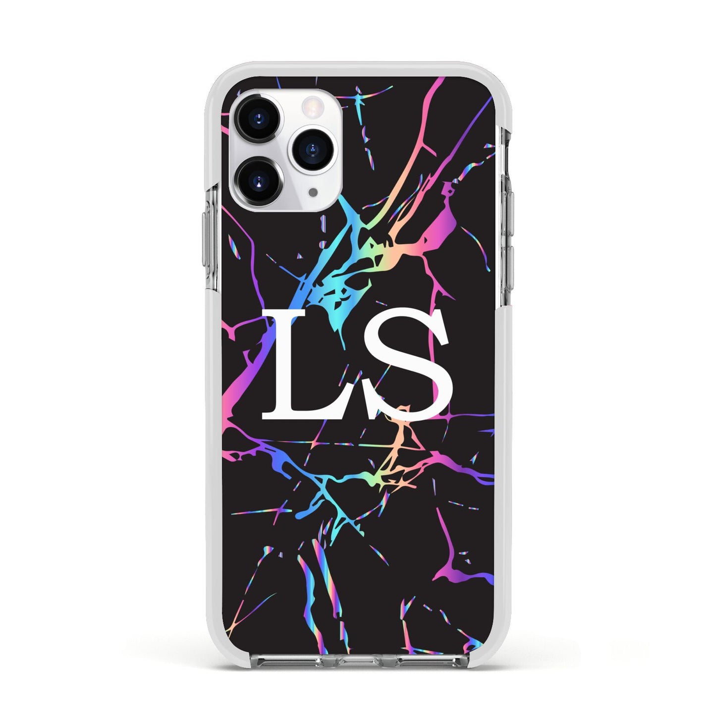 Personalised Black Holographic Marble Initials Apple iPhone 11 Pro in Silver with White Impact Case