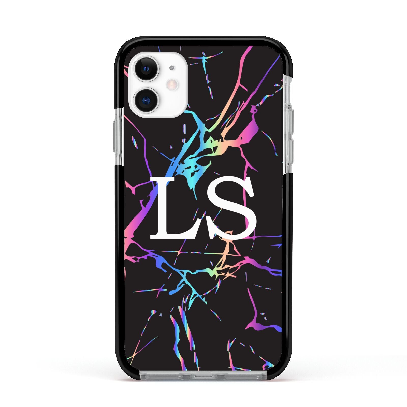 Personalised Black Holographic Marble Initials Apple iPhone 11 in White with Black Impact Case