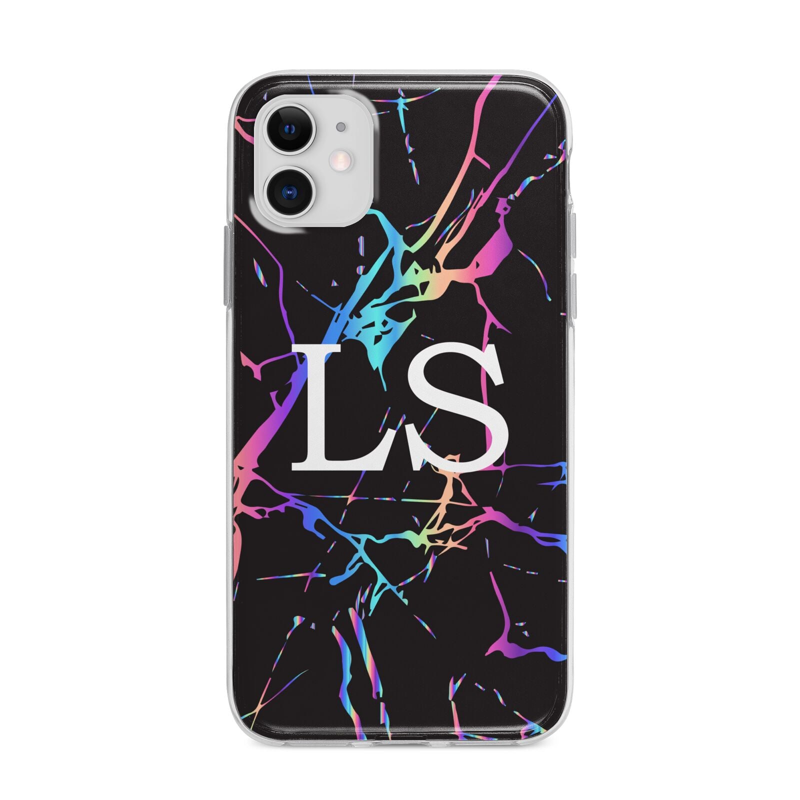 Personalised Black Holographic Marble Initials Apple iPhone 11 in White with Bumper Case