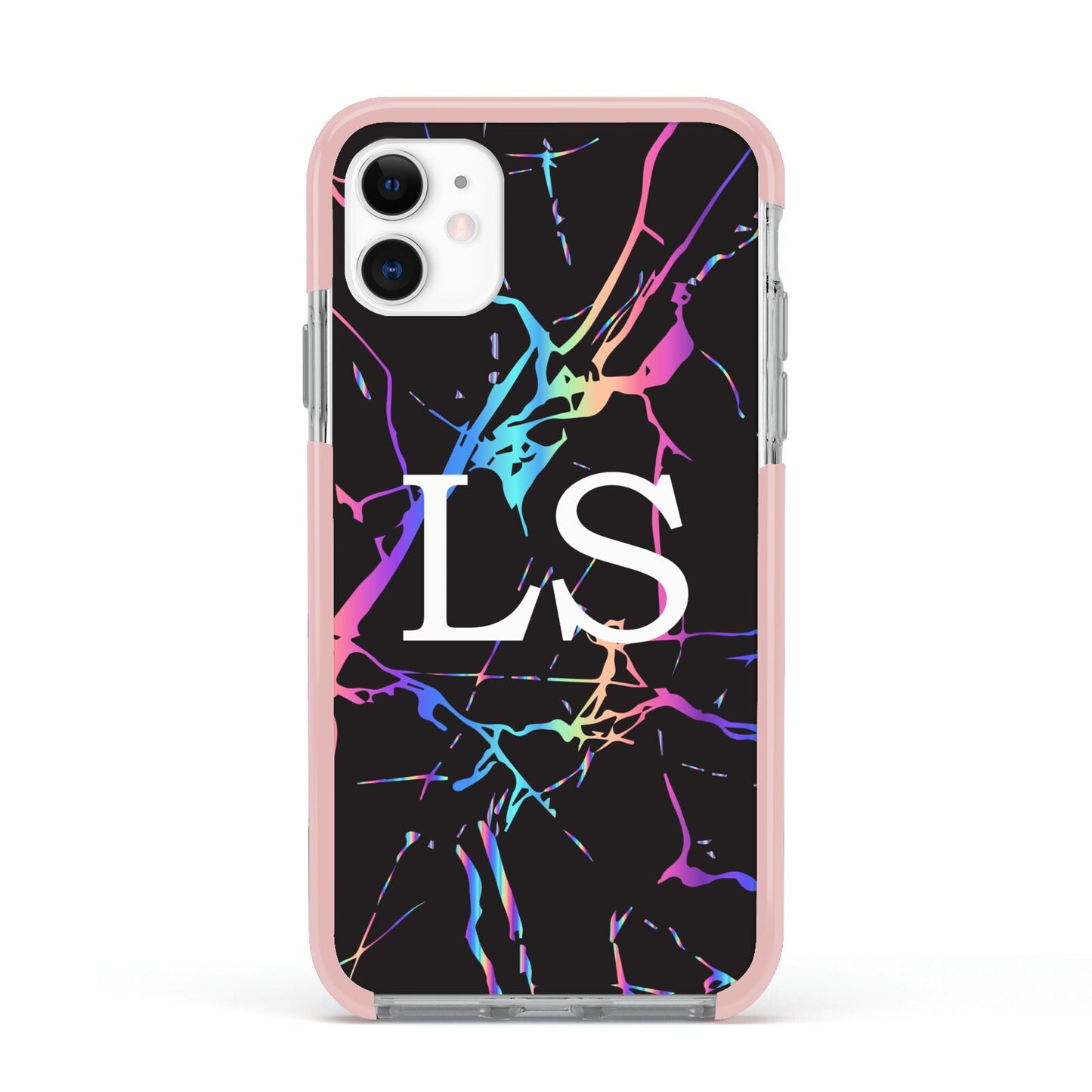 Personalised Black Holographic Marble Initials Apple iPhone 11 in White with Pink Impact Case
