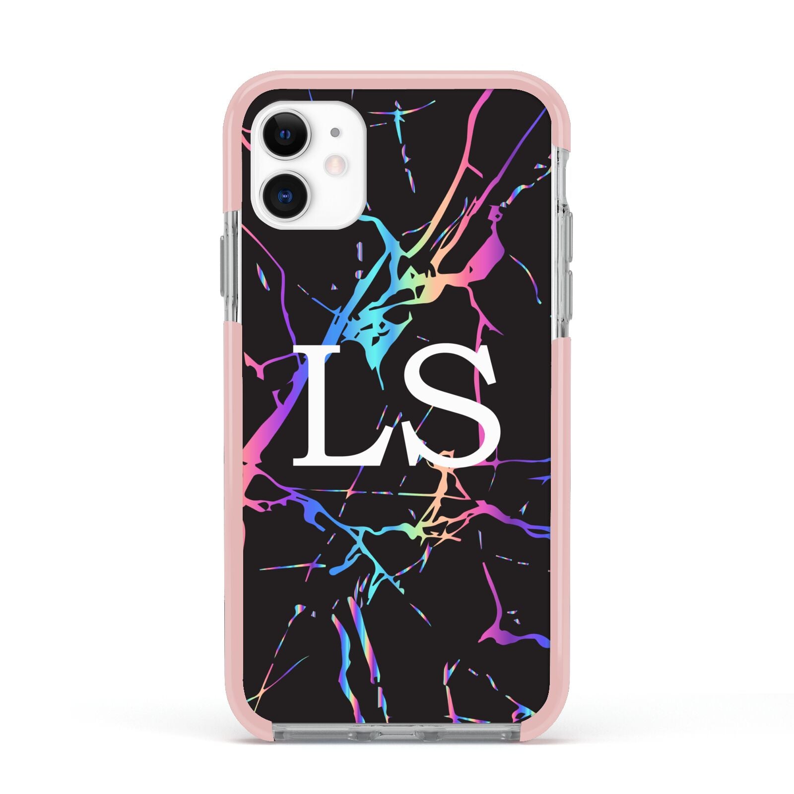 Personalised Black Holographic Marble Initials Apple iPhone 11 in White with Pink Impact Case