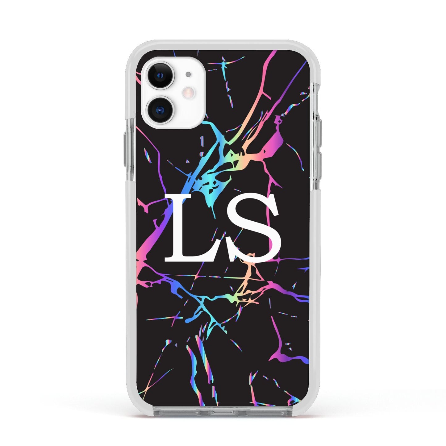 Personalised Black Holographic Marble Initials Apple iPhone 11 in White with White Impact Case