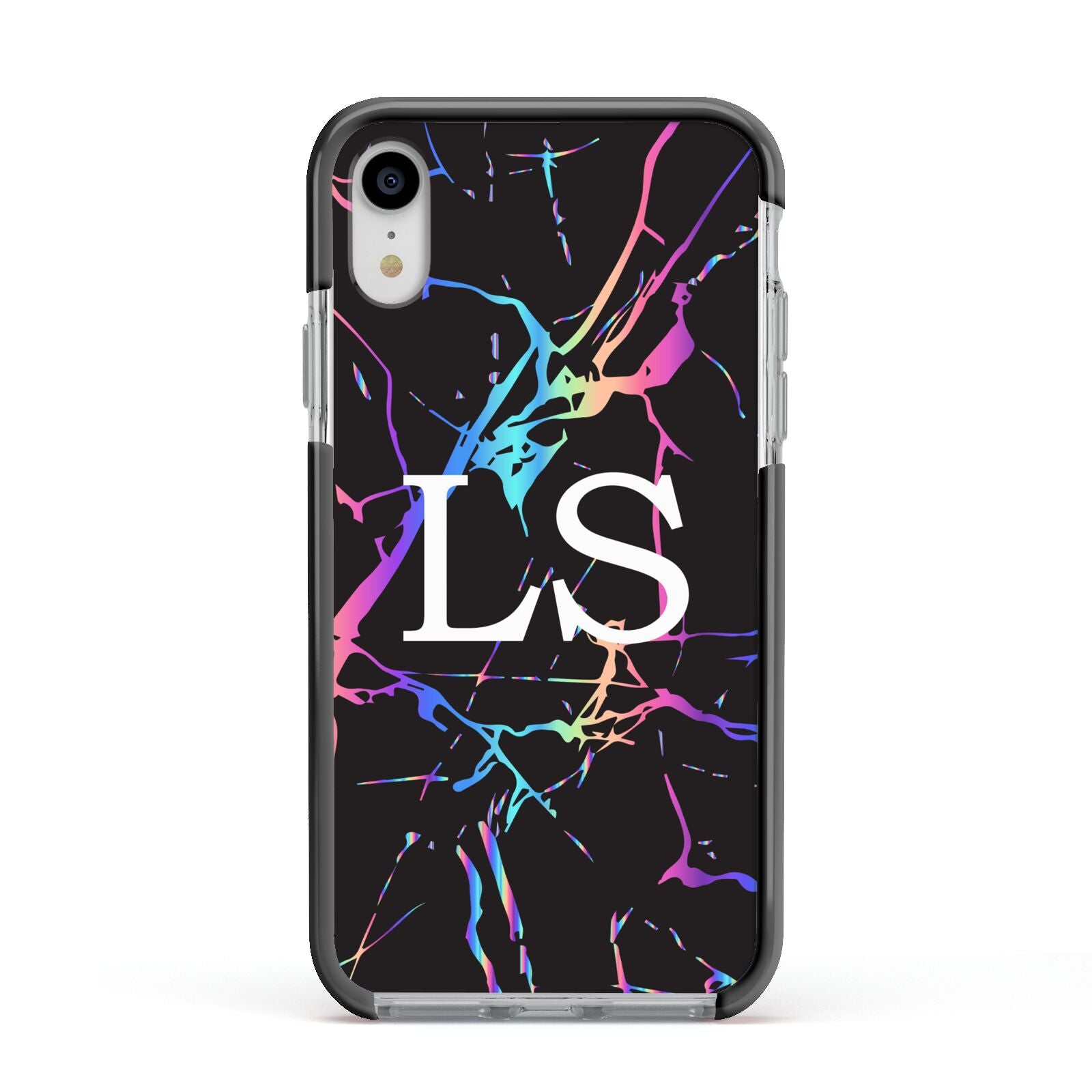 Personalised Black Holographic Marble Initials Apple iPhone XR Impact Case Black Edge on Silver Phone
