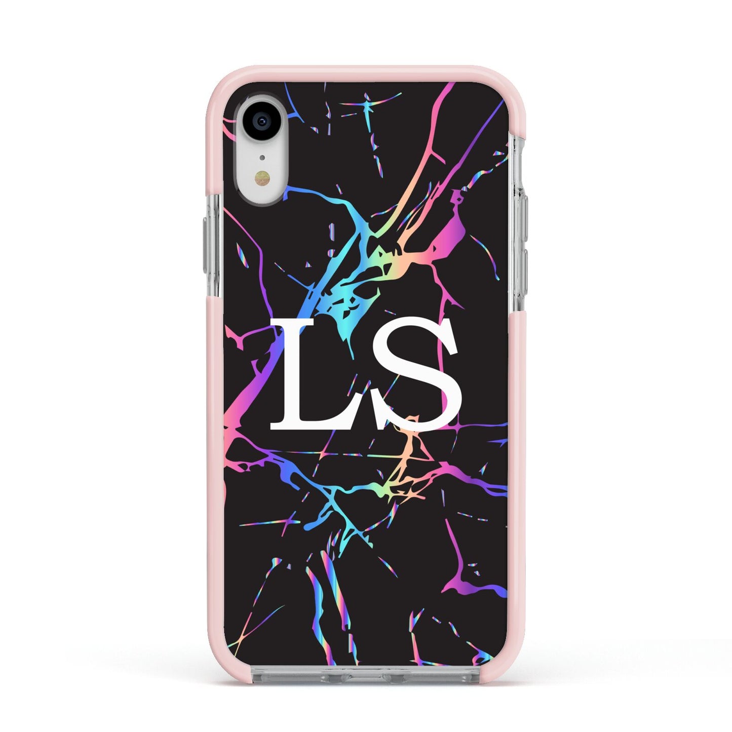 Personalised Black Holographic Marble Initials Apple iPhone XR Impact Case Pink Edge on Silver Phone
