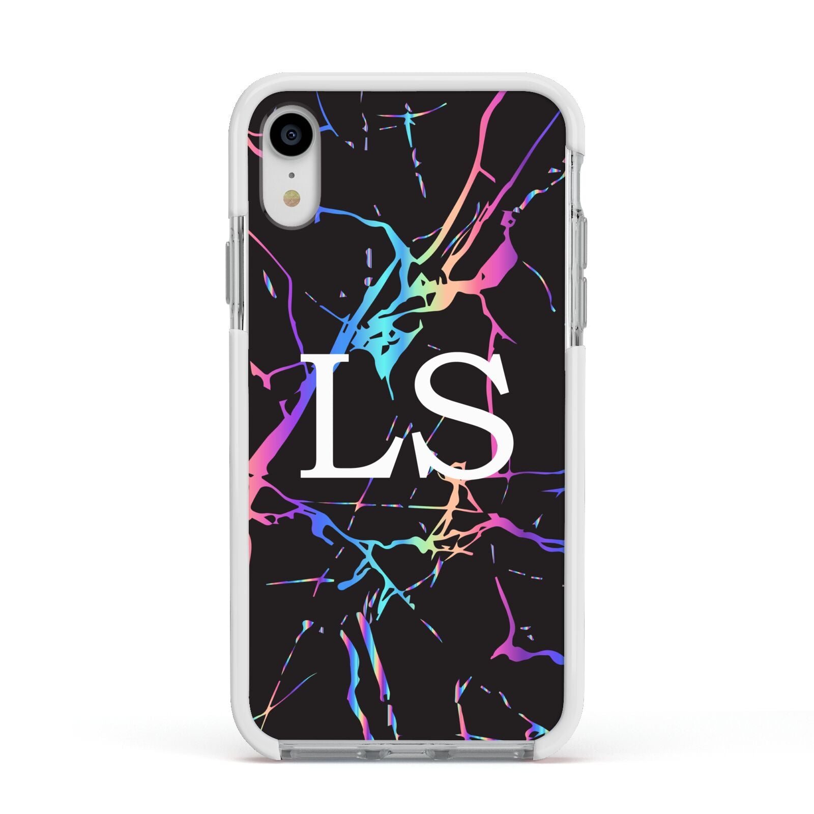 Personalised Black Holographic Marble Initials Apple iPhone XR Impact Case White Edge on Silver Phone