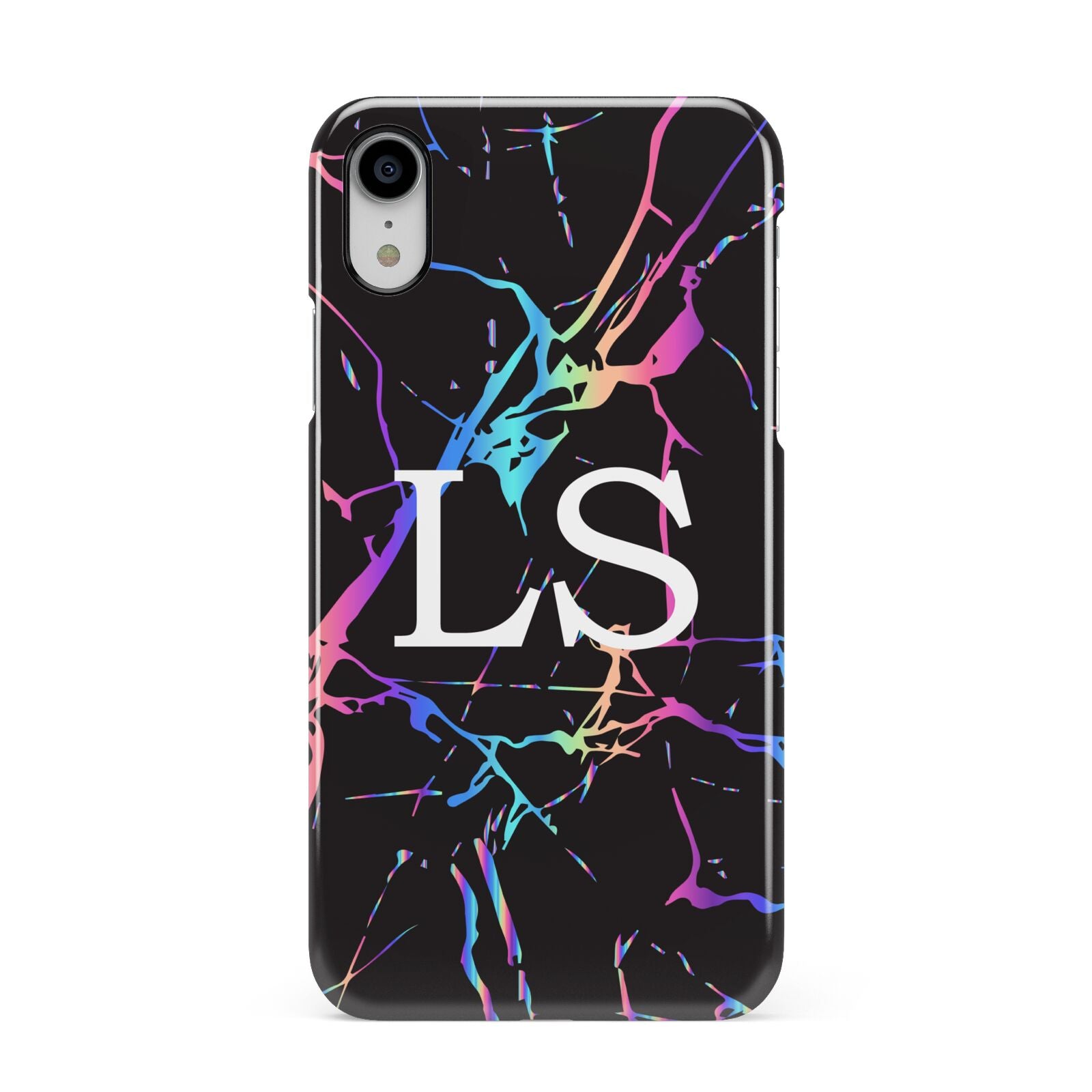 Personalised Black Holographic Marble Initials Apple iPhone XR White 3D Snap Case