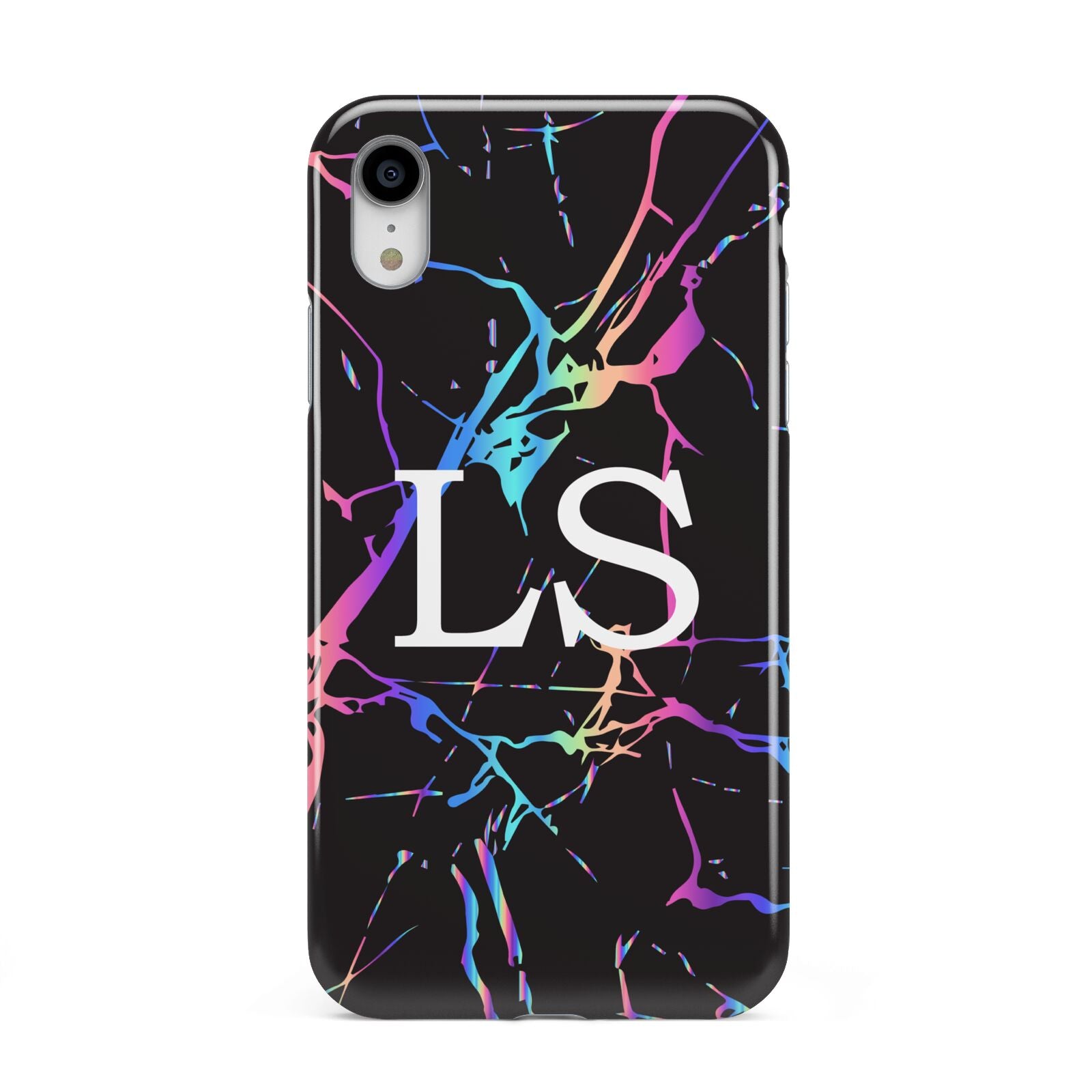 Personalised Black Holographic Marble Initials Apple iPhone XR White 3D Tough Case