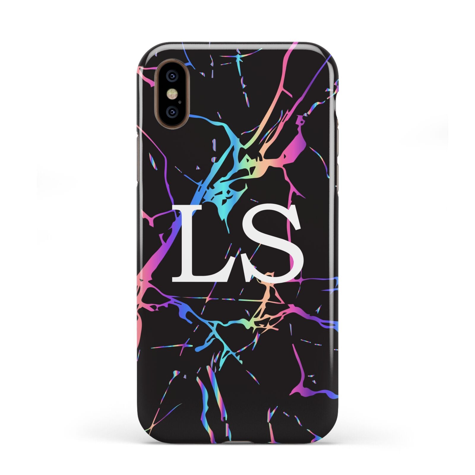 Personalised Black Holographic Marble Initials Apple iPhone XS 3D Tough