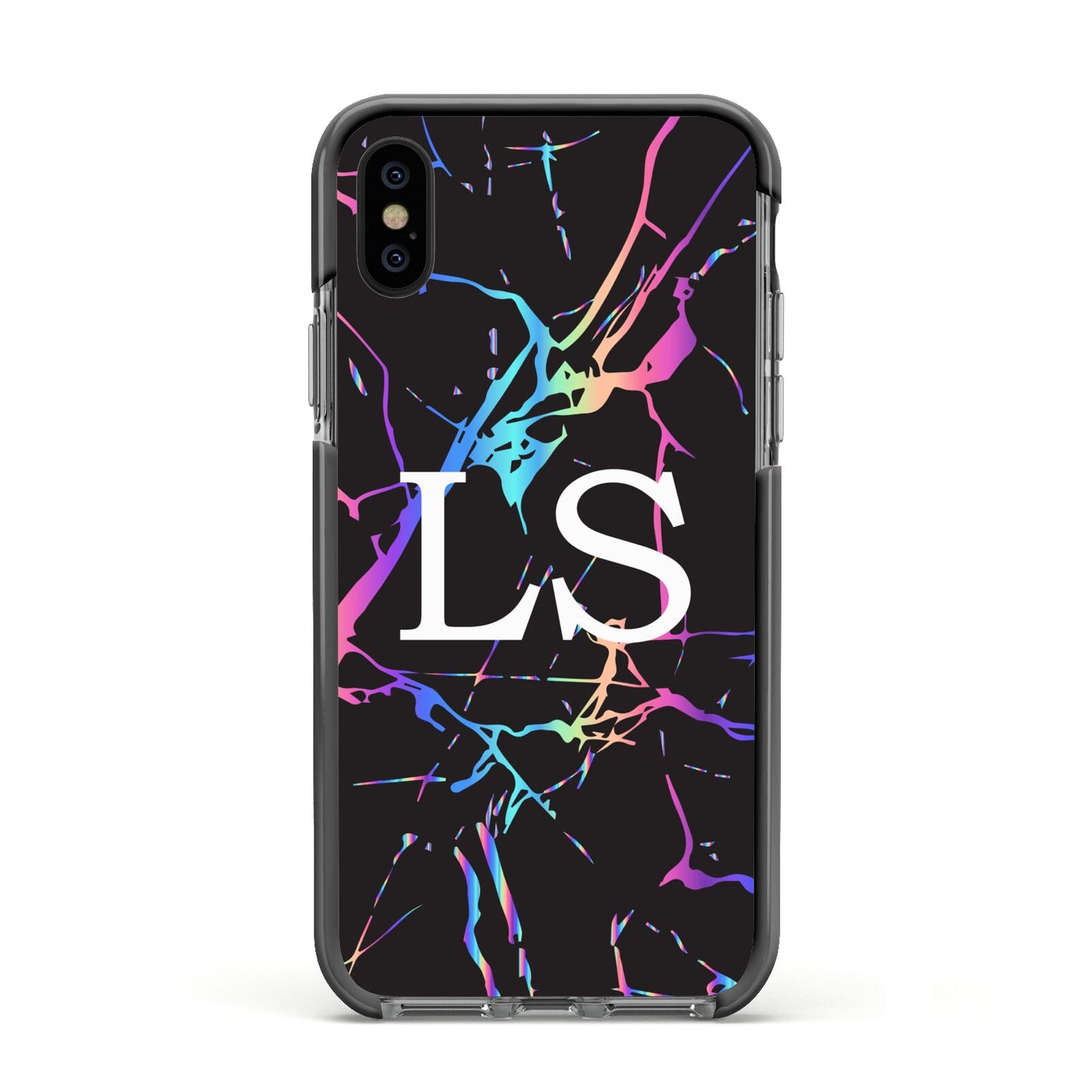 Personalised Black Holographic Marble Initials Apple iPhone Xs Impact Case Black Edge on Black Phone