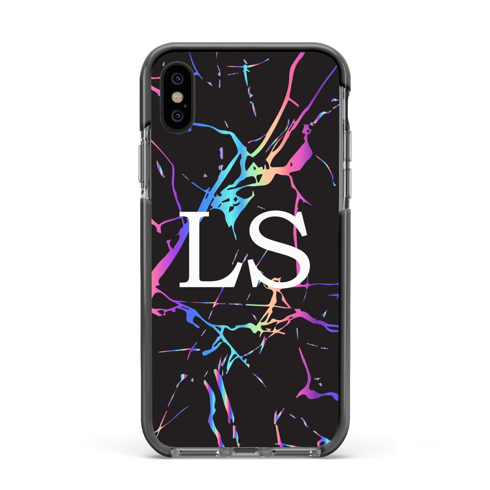 Personalised Black Holographic Marble Initials Apple iPhone Xs Impact Case Black Edge on Black Phone