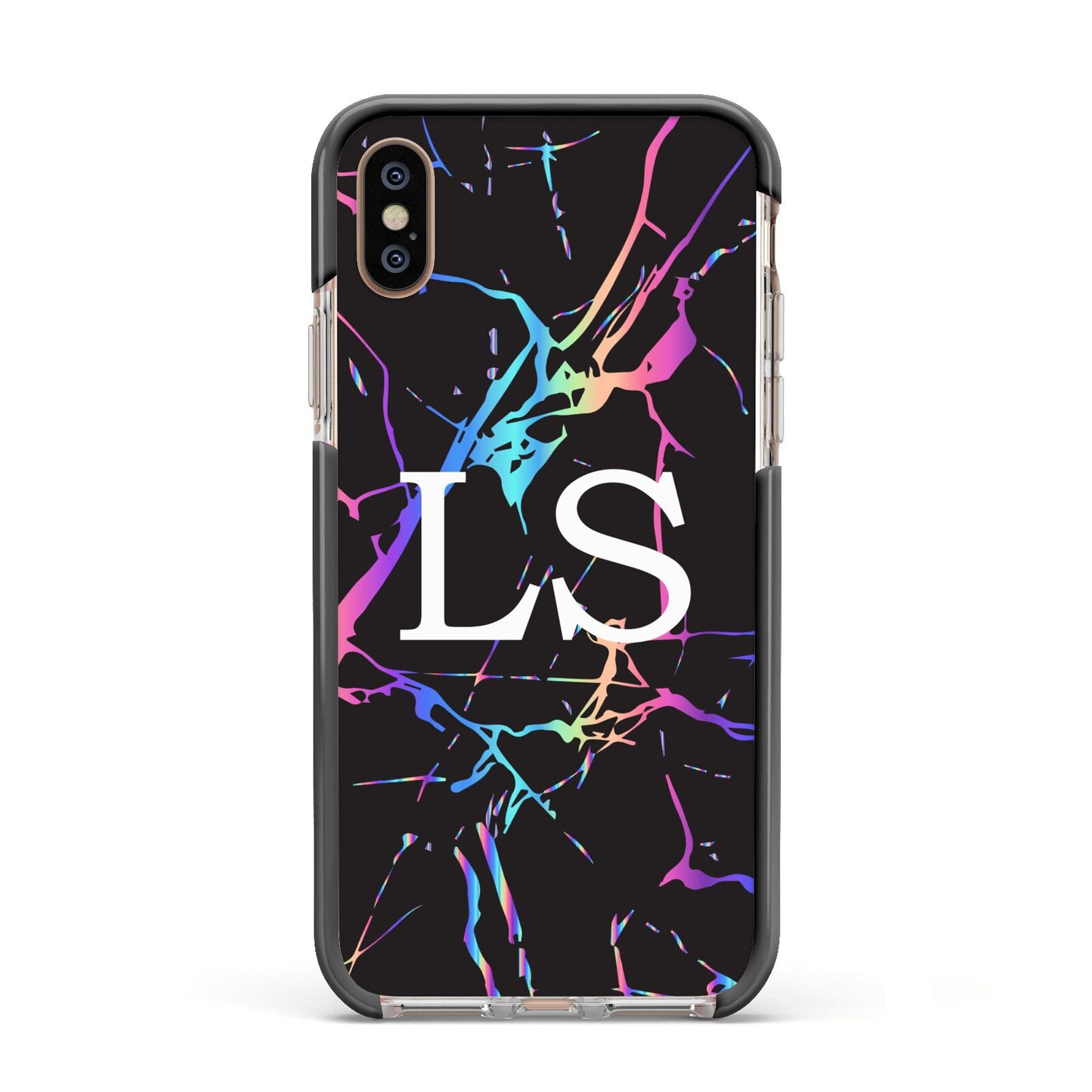 Personalised Black Holographic Marble Initials Apple iPhone Xs Impact Case Black Edge on Gold Phone