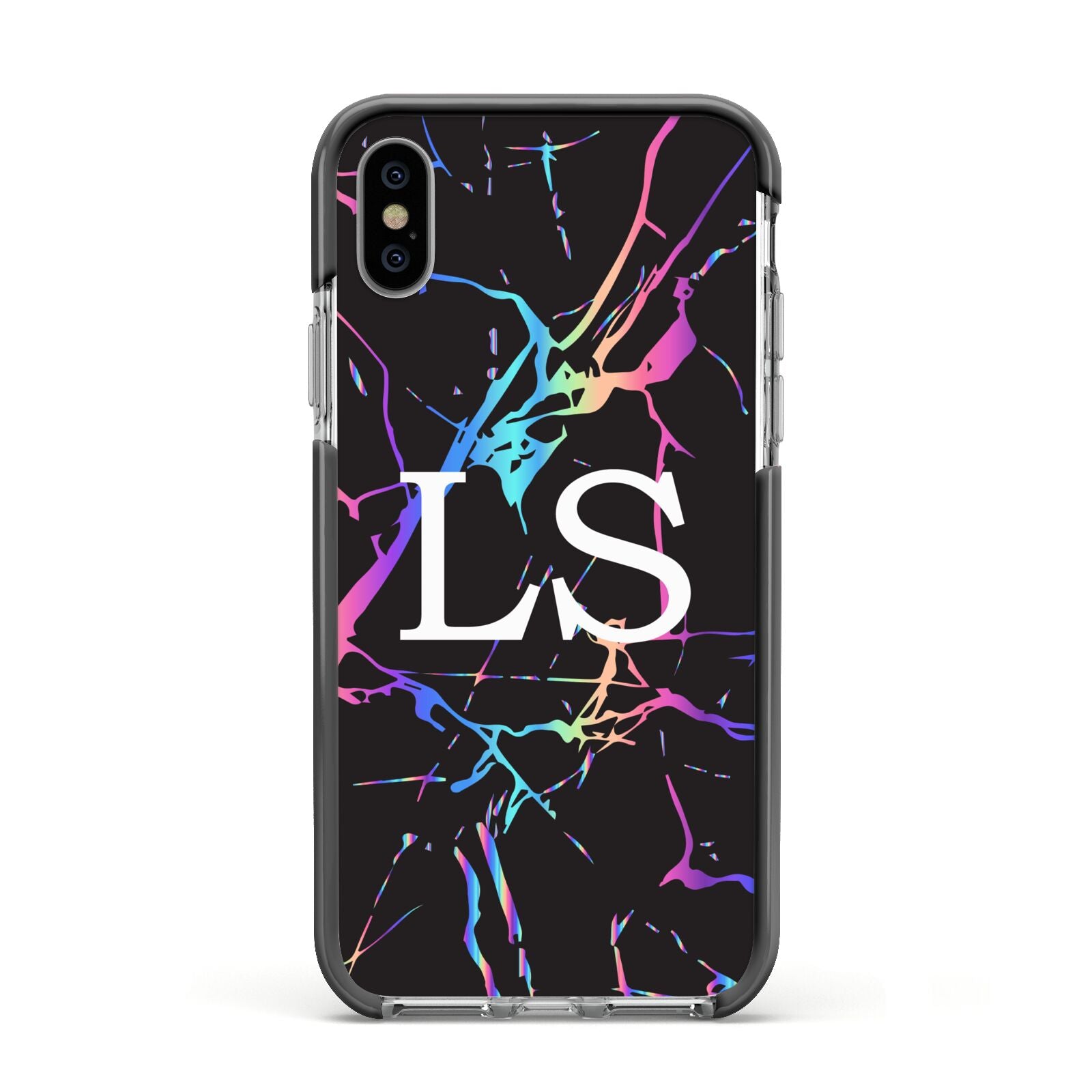 Personalised Black Holographic Marble Initials Apple iPhone Xs Impact Case Black Edge on Silver Phone