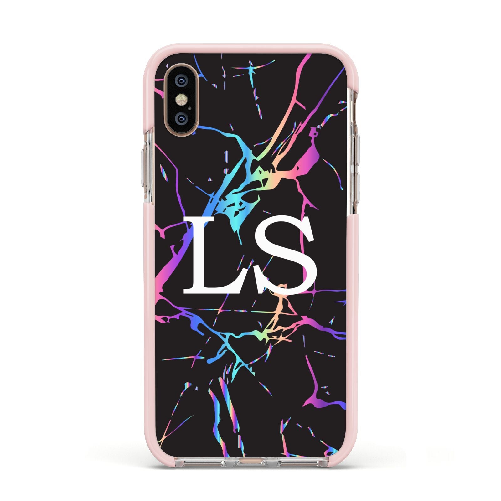 Personalised Black Holographic Marble Initials Apple iPhone Xs Impact Case Pink Edge on Gold Phone