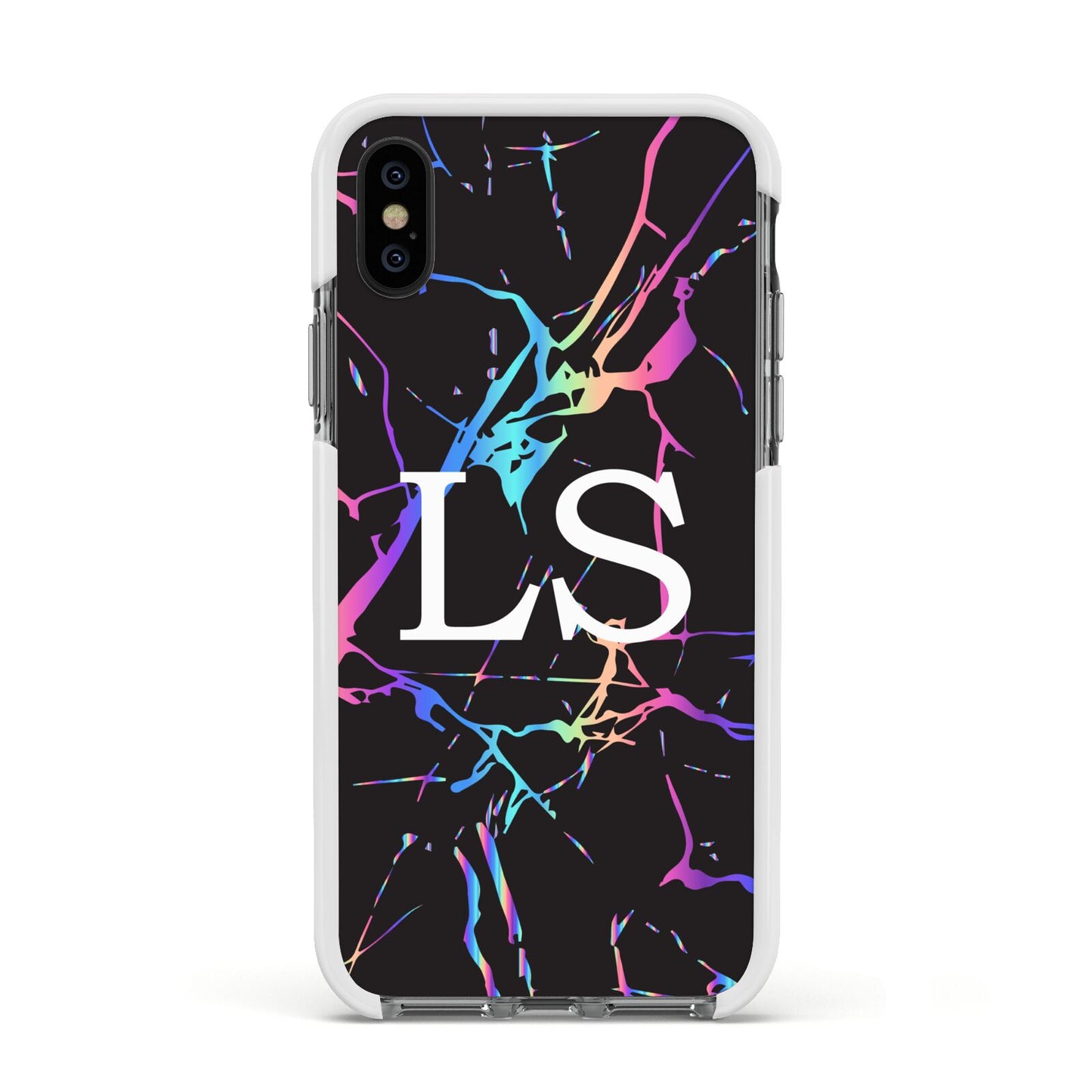 Personalised Black Holographic Marble Initials Apple iPhone Xs Impact Case White Edge on Black Phone