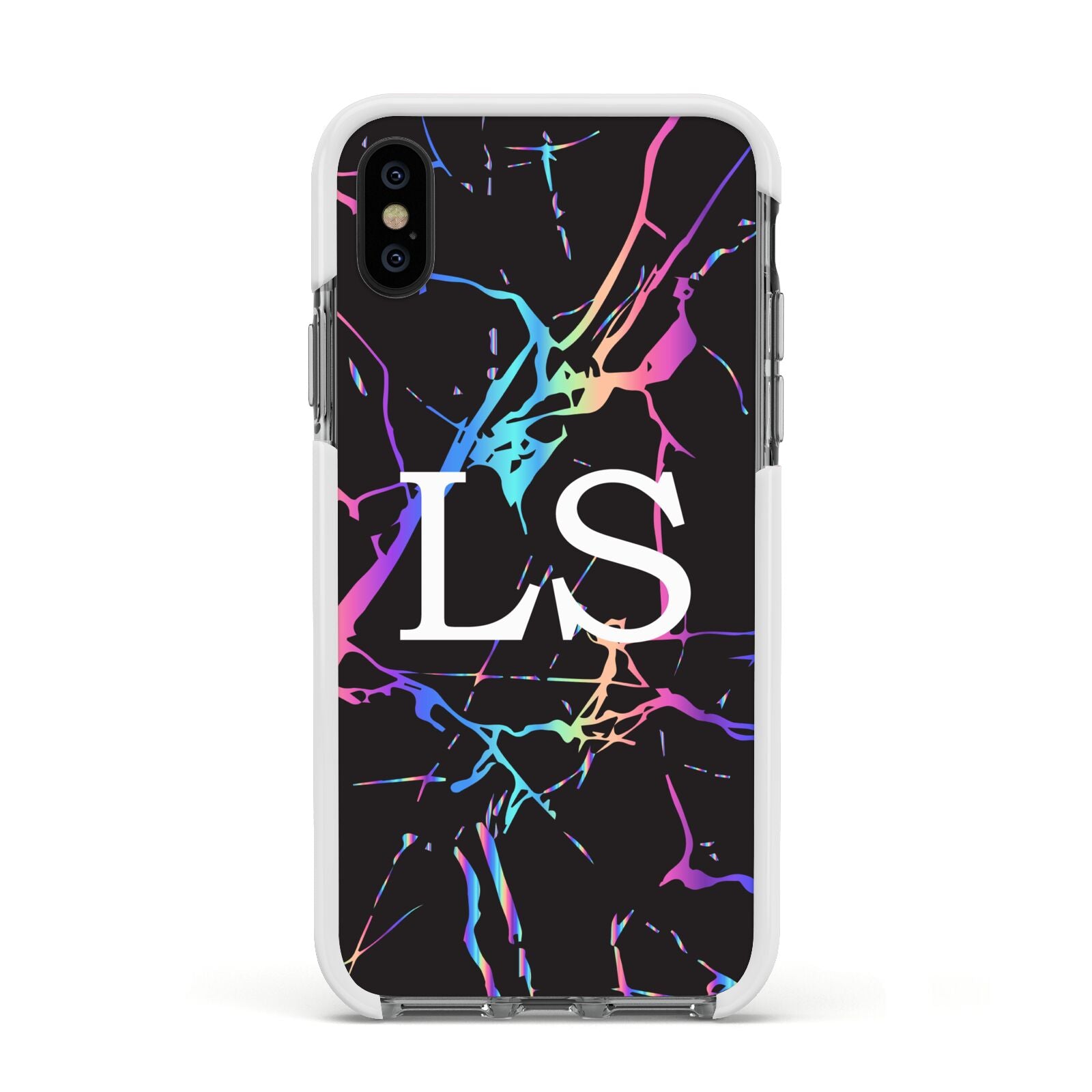 Personalised Black Holographic Marble Initials Apple iPhone Xs Impact Case White Edge on Black Phone
