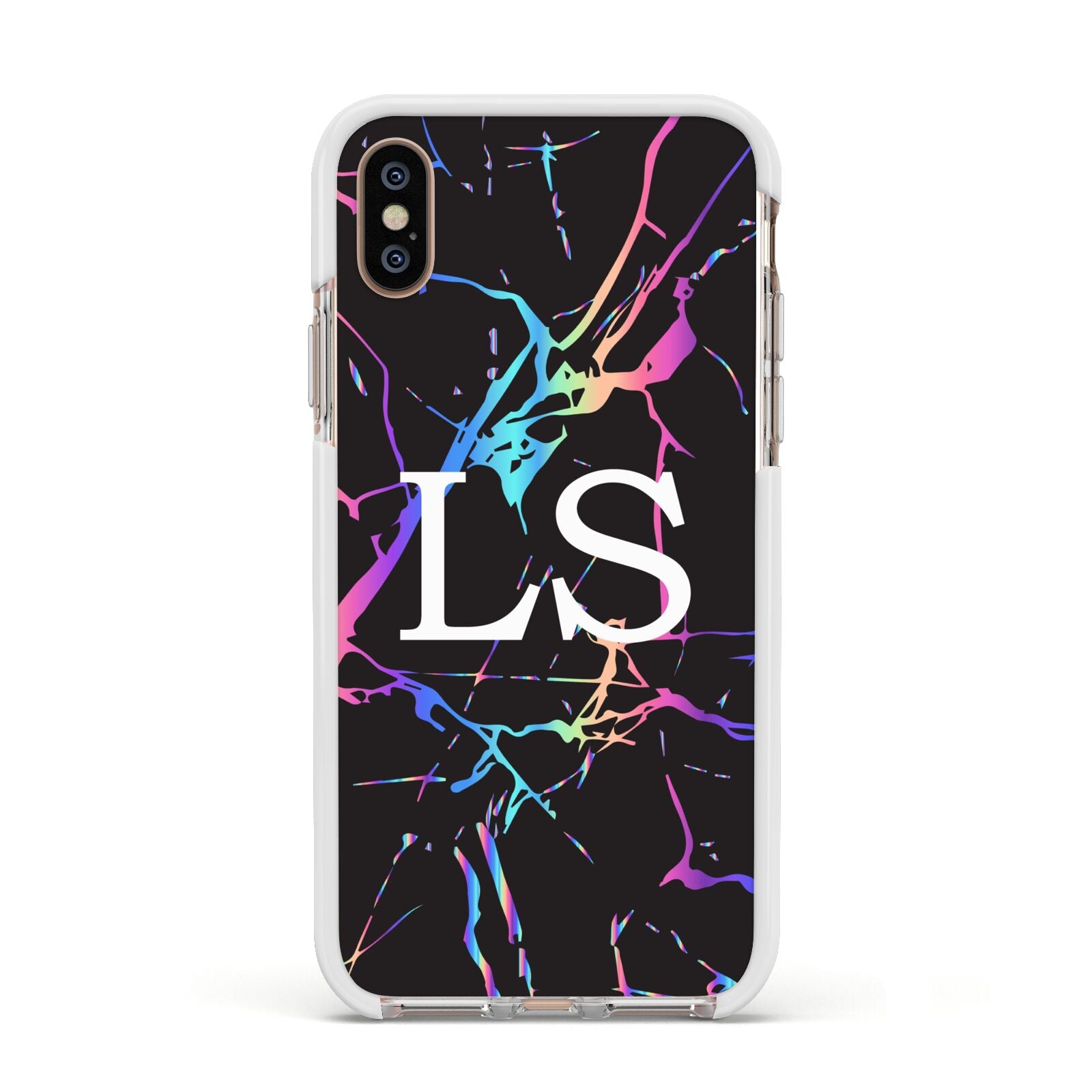 Personalised Black Holographic Marble Initials Apple iPhone Xs Impact Case White Edge on Gold Phone