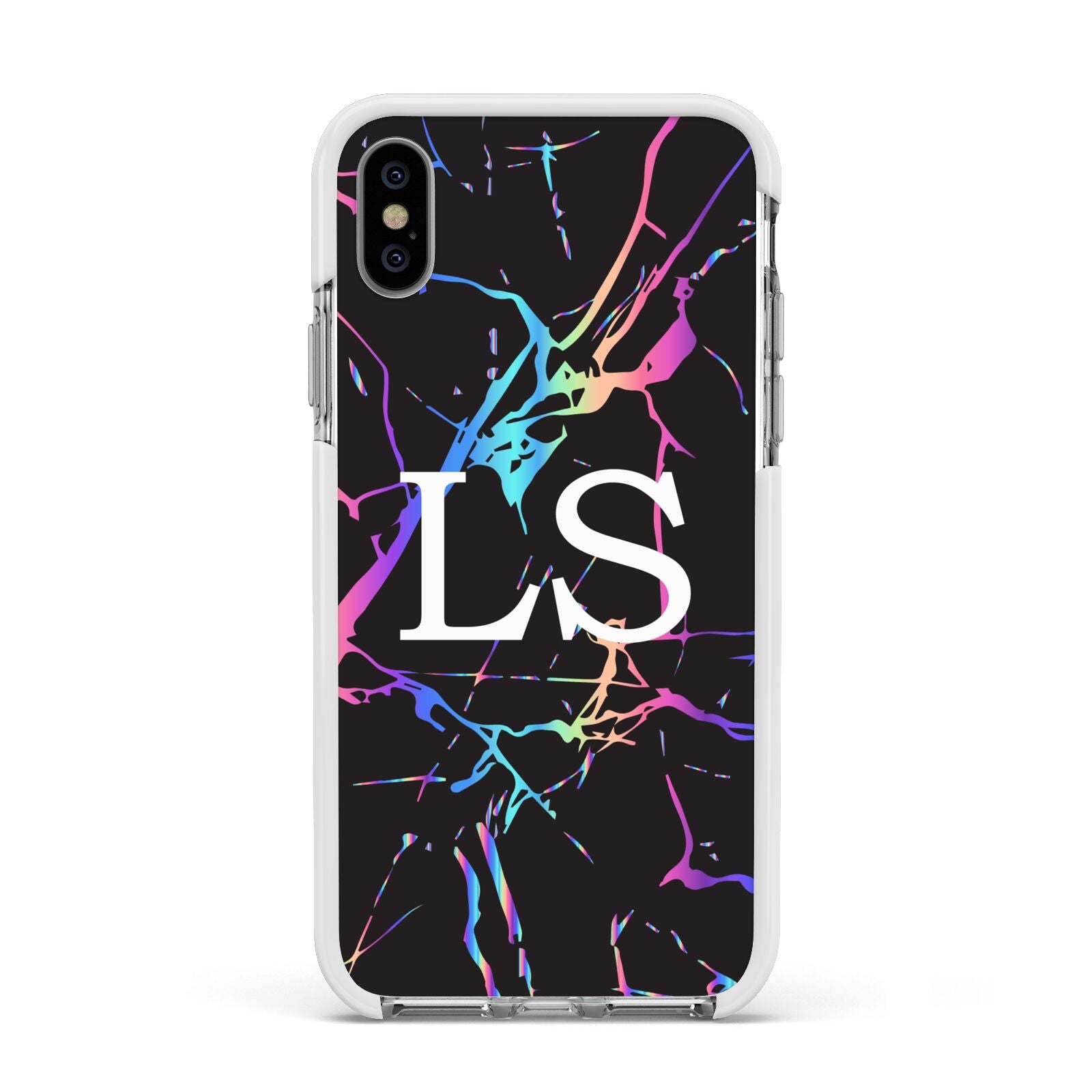 Personalised Black Holographic Marble Initials Apple iPhone Xs Impact Case White Edge on Silver Phone