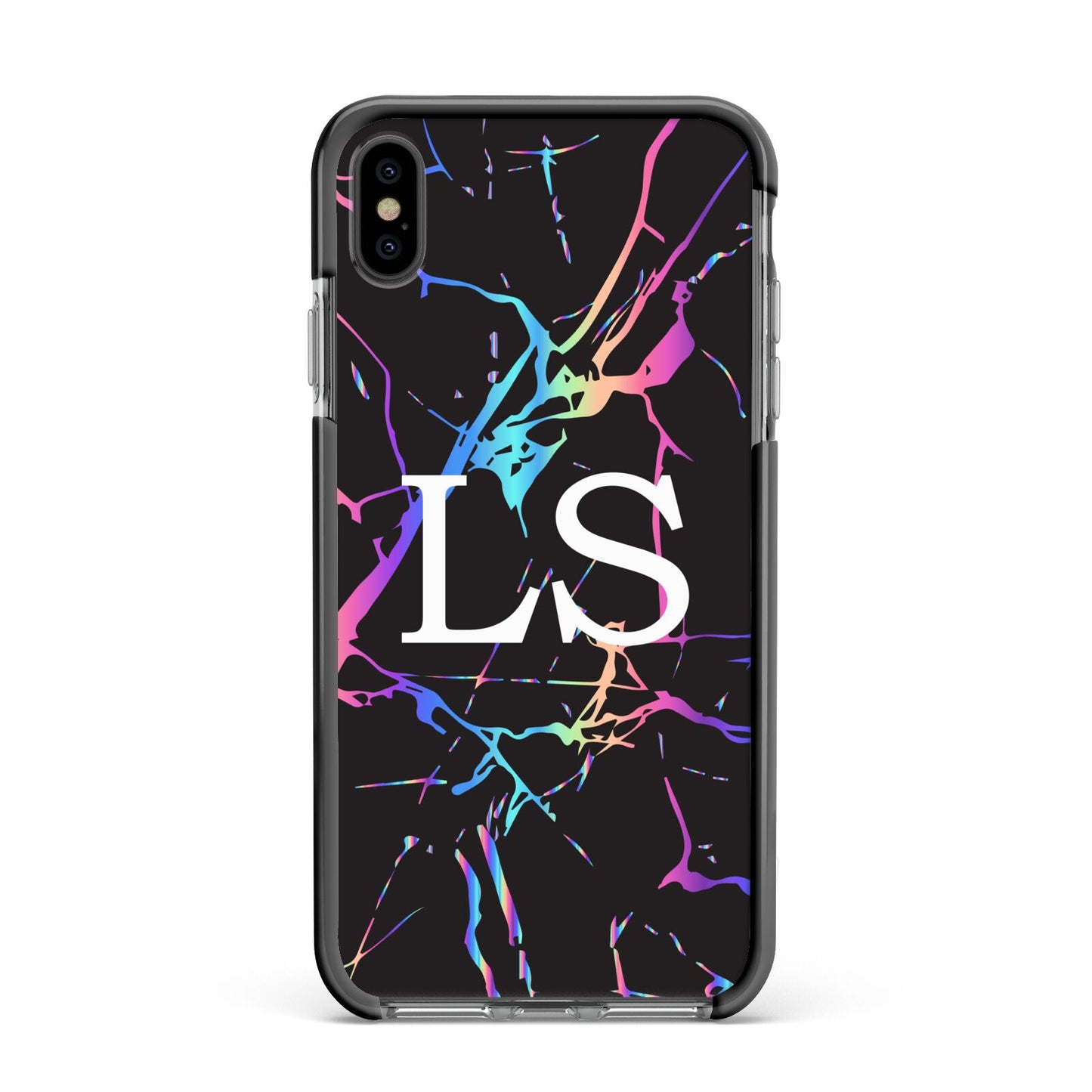 Personalised Black Holographic Marble Initials Apple iPhone Xs Max Impact Case Black Edge on Black Phone