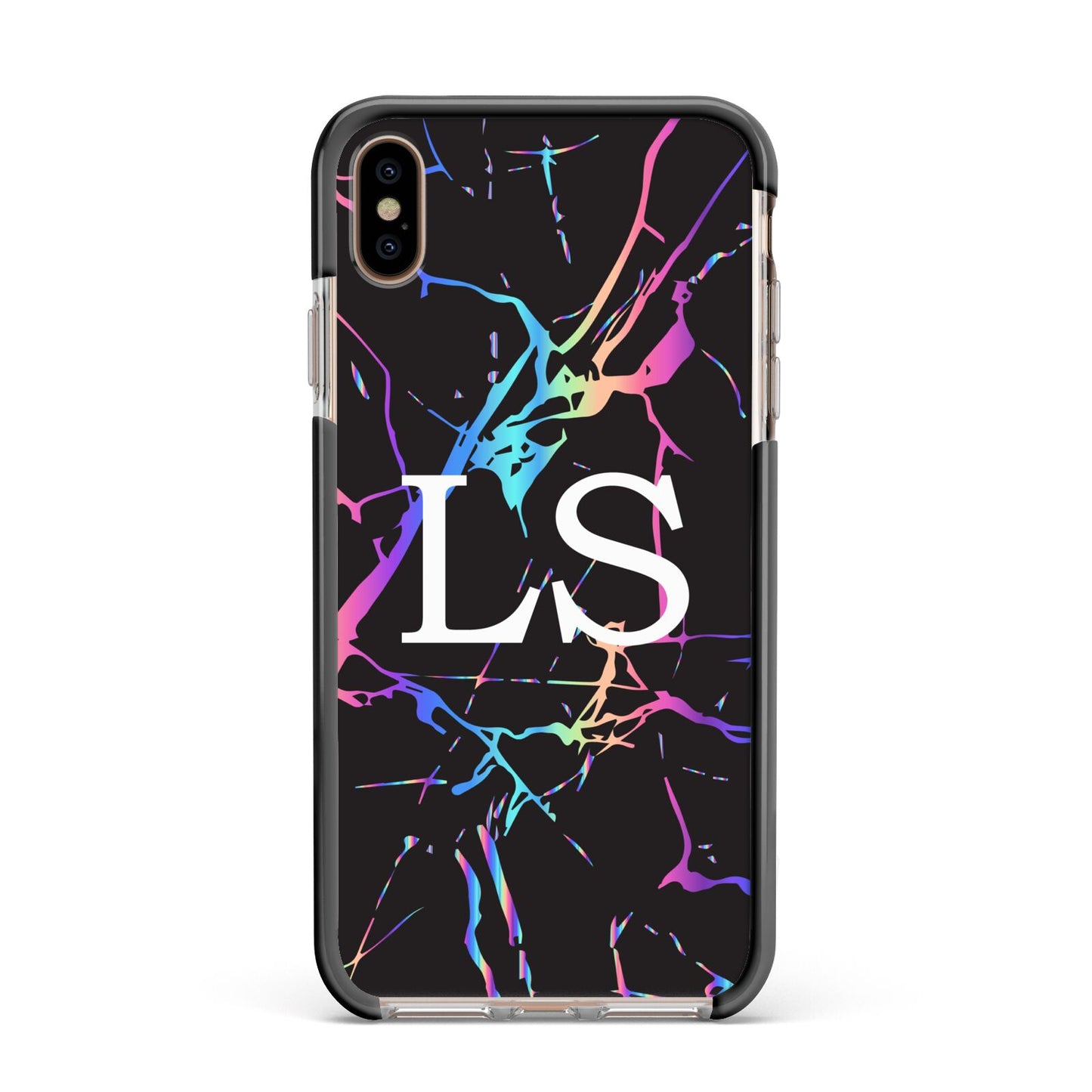 Personalised Black Holographic Marble Initials Apple iPhone Xs Max Impact Case Black Edge on Gold Phone